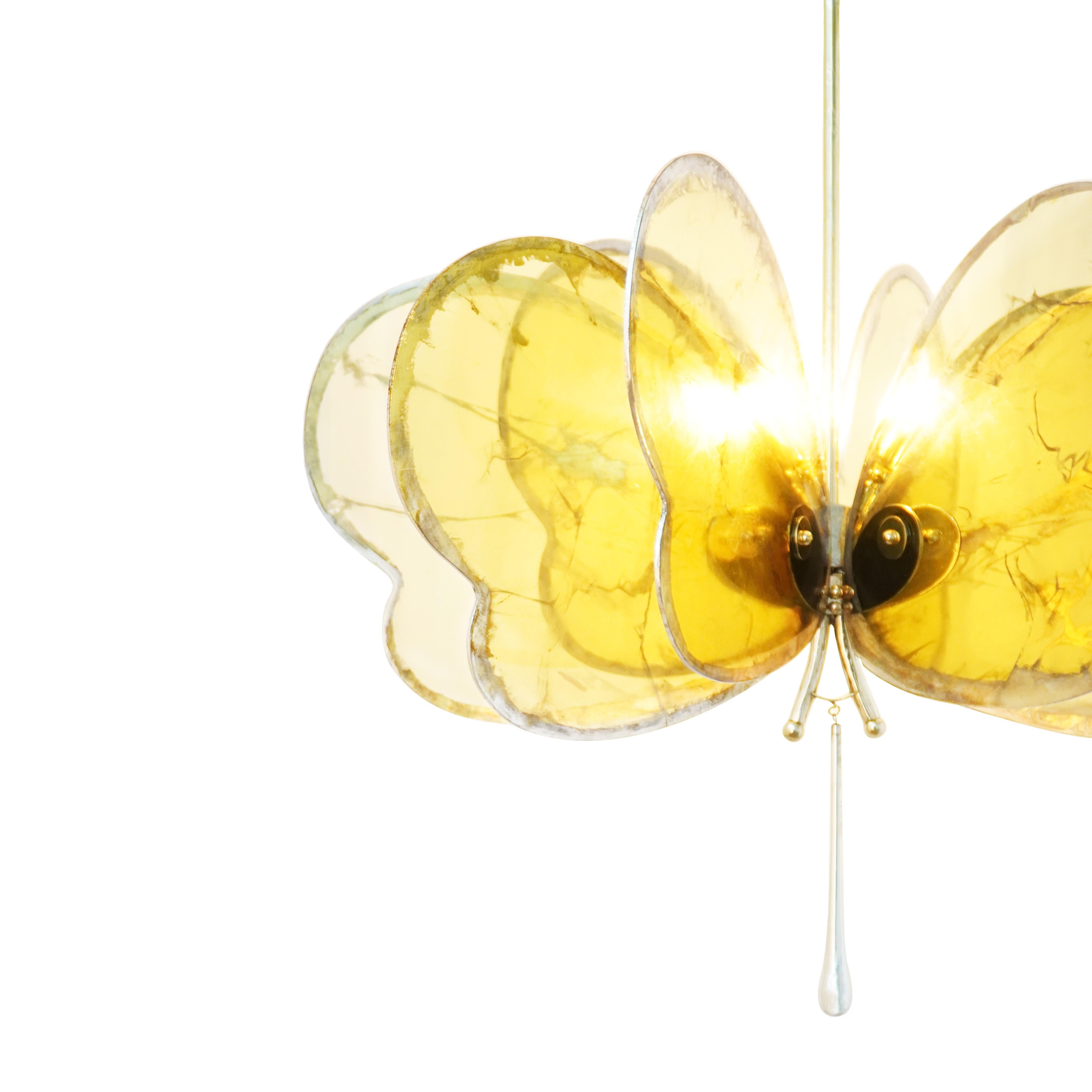 Italian Butterfly flush mount, pendant lamp, art Silvered Glass Sun, melted Brass Body For Sale
