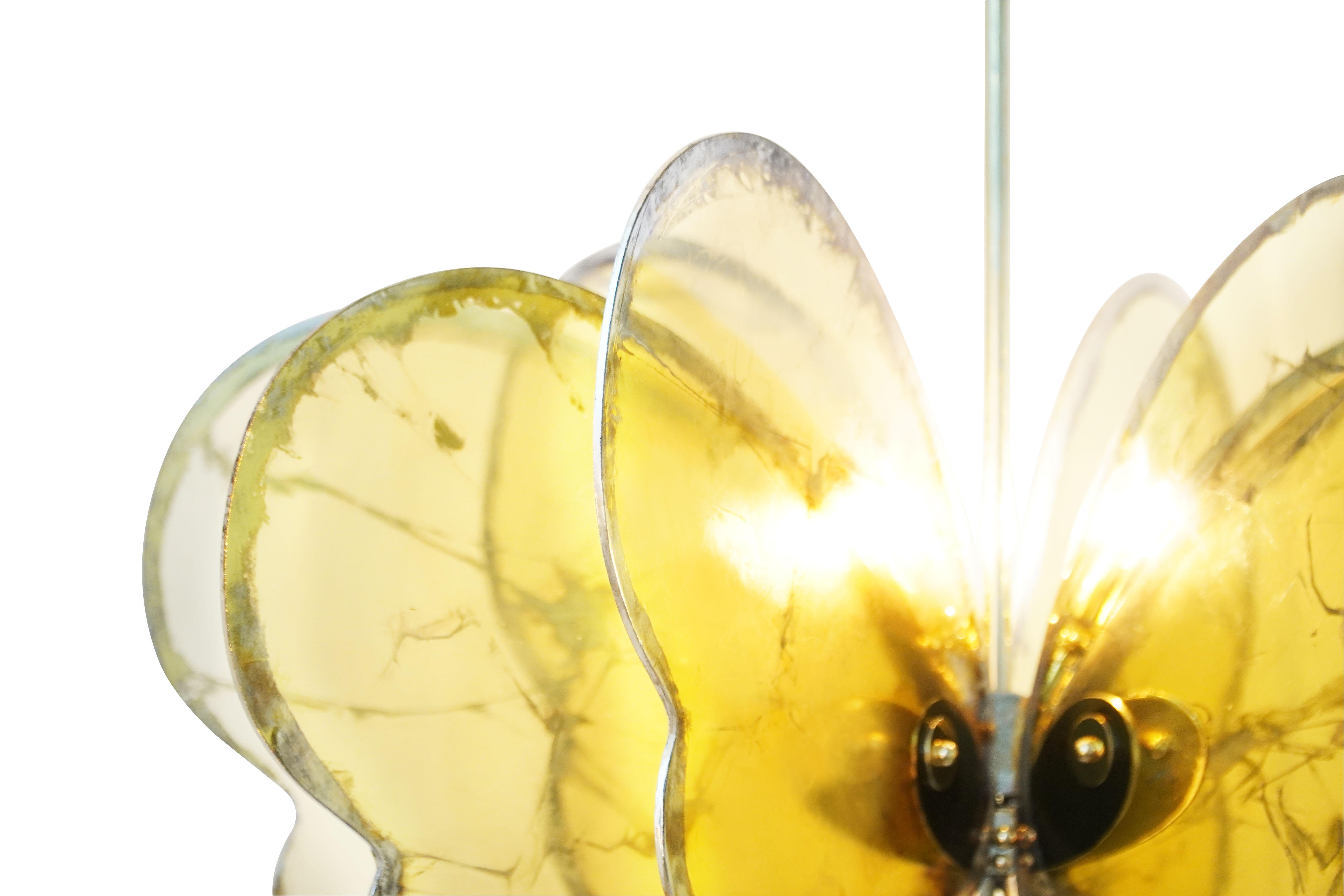 Butterfly flush mount, pendant lamp, art Silvered Glass Sun, melted Brass Body In New Condition For Sale In Pietrasanta, IT