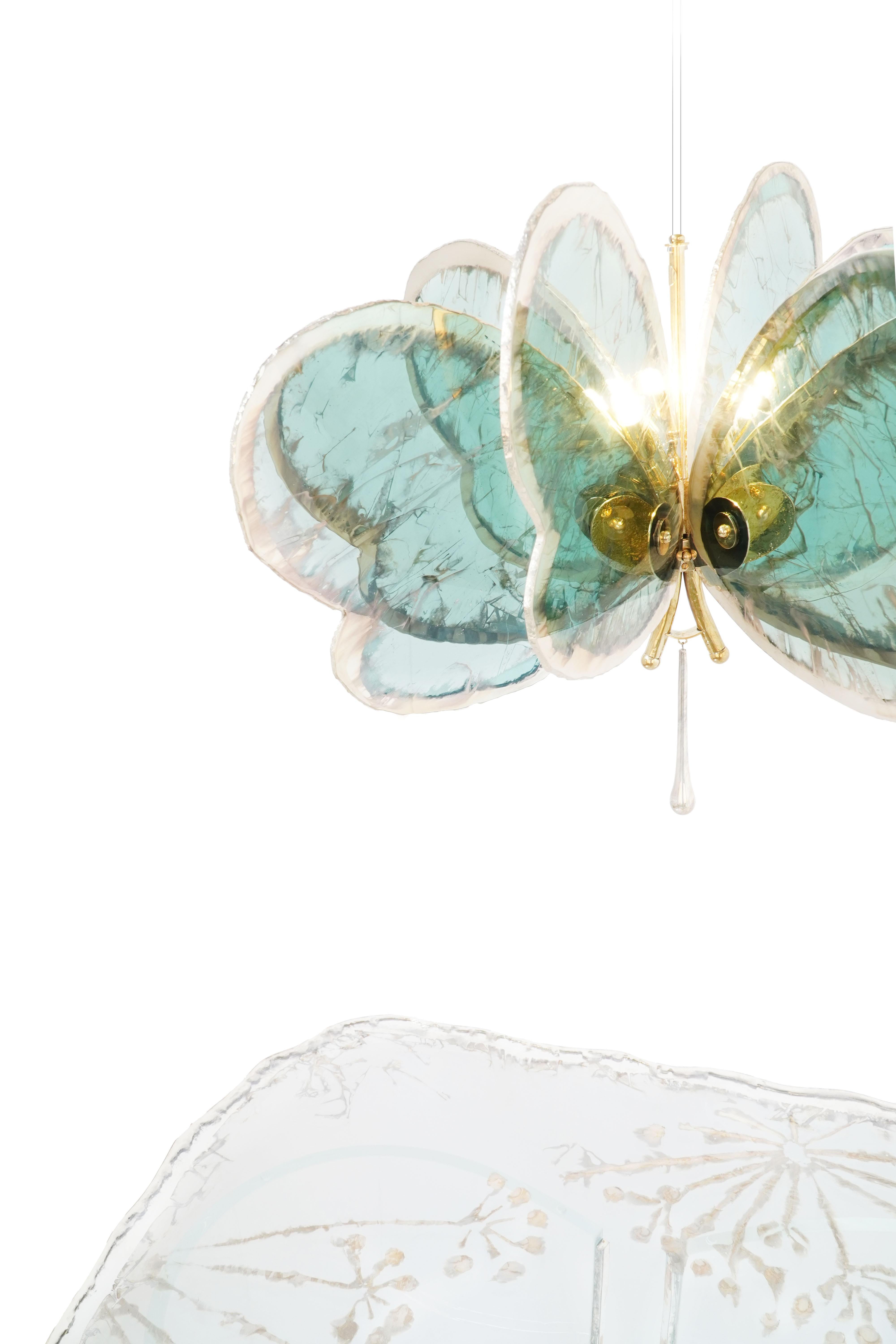  Butterfly 8 wings, Chandelier, art Silvered Glass, jade color, melted Brass  For Sale 2