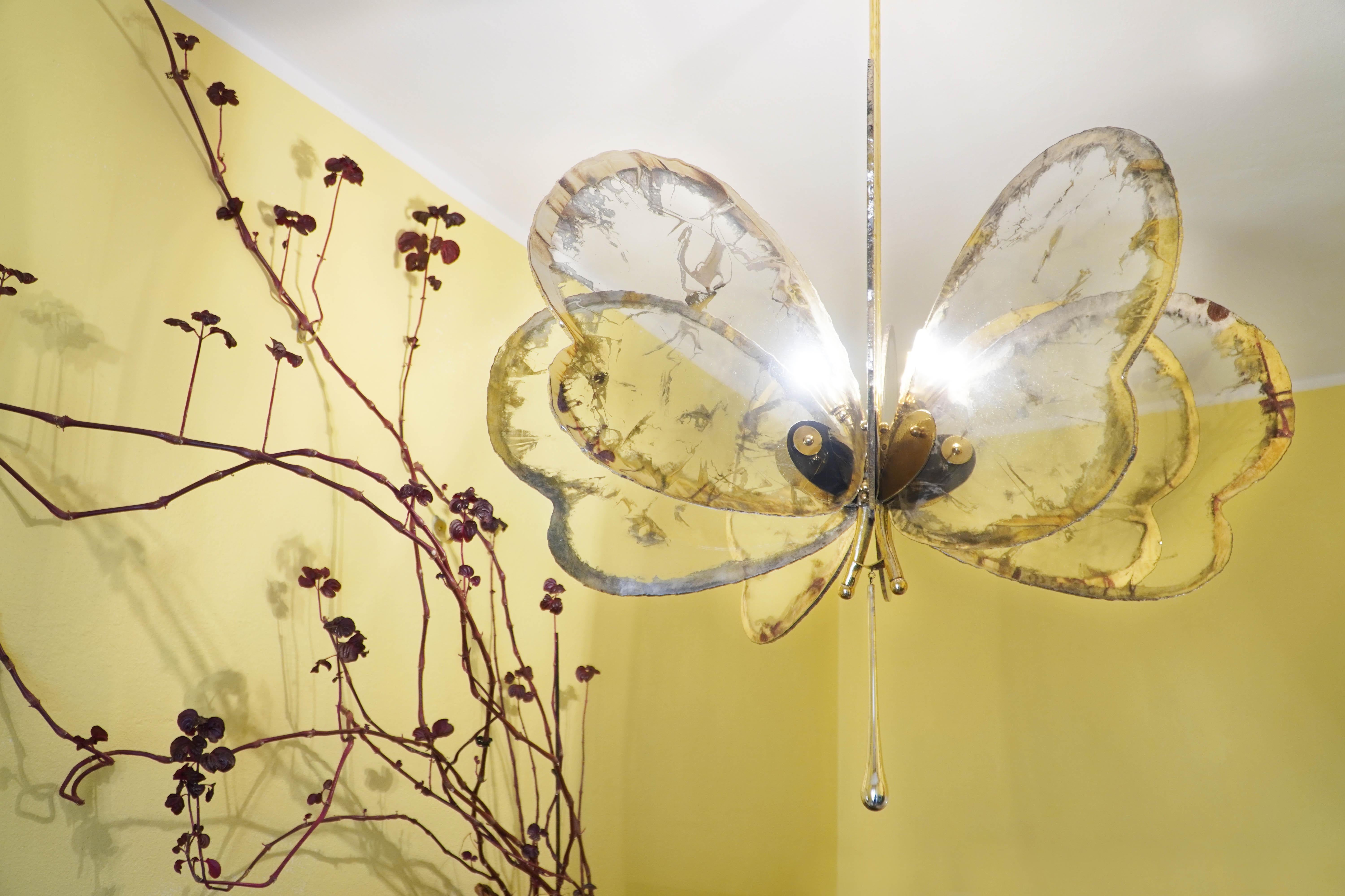 Contemporary Butterfly 8 wings, Chandelier, Crystal Silvered Glass, melted Brass Body  For Sale