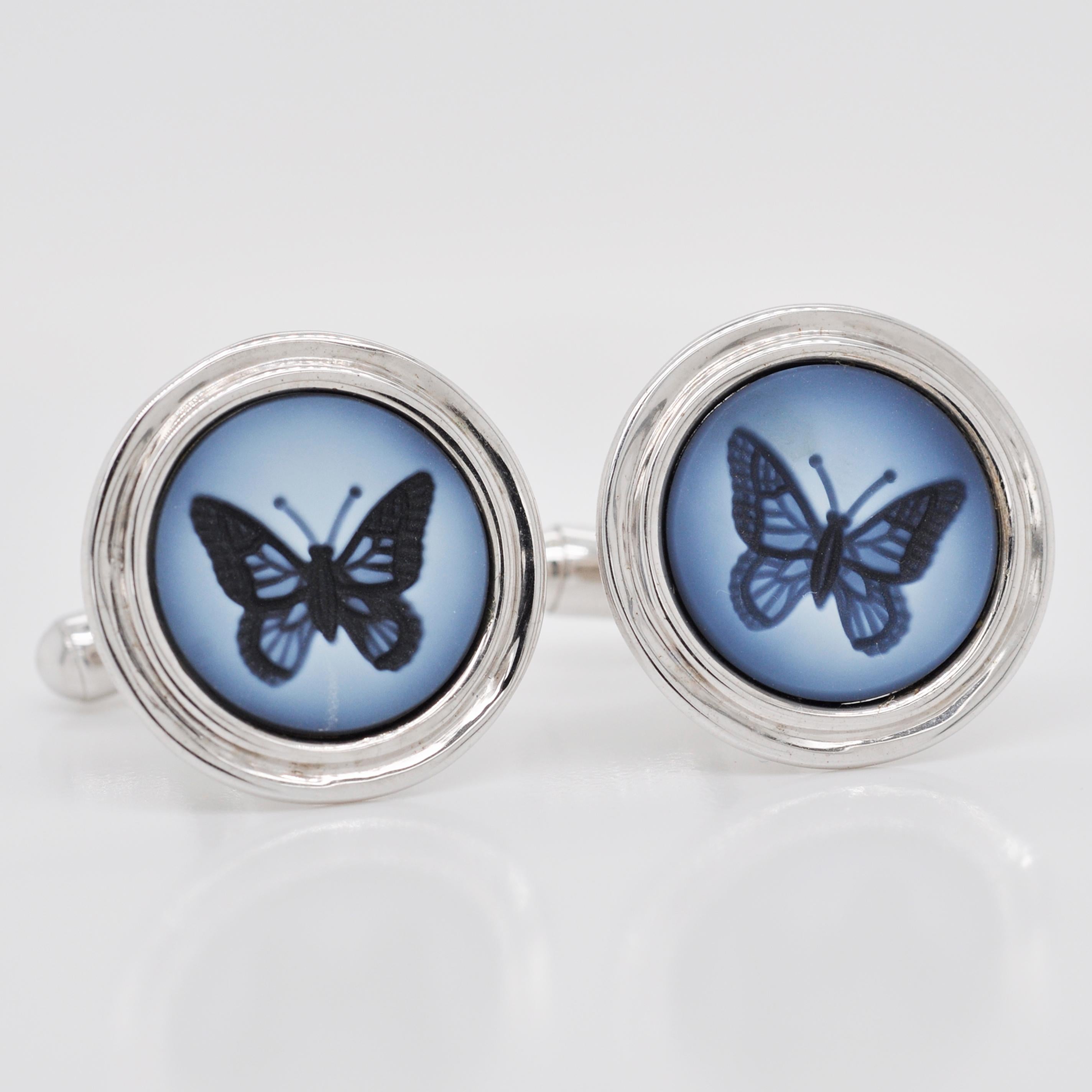 Round Cut Butterfly Agate Intaglio Contemporary Sterling Silver Gemstone Cufflinks For Sale
