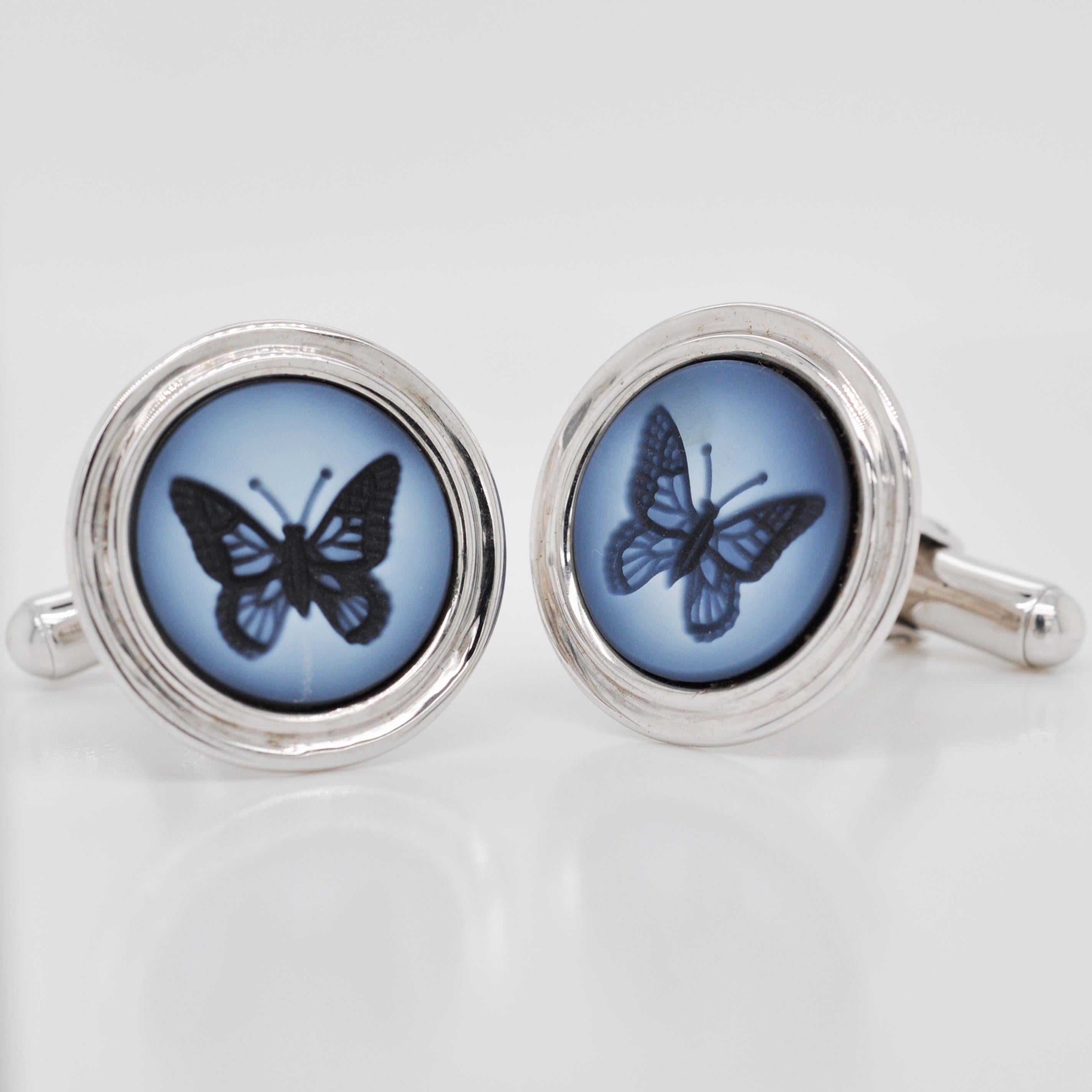 Women's or Men's Butterfly Agate Intaglio Contemporary Sterling Silver Gemstone Cufflinks For Sale