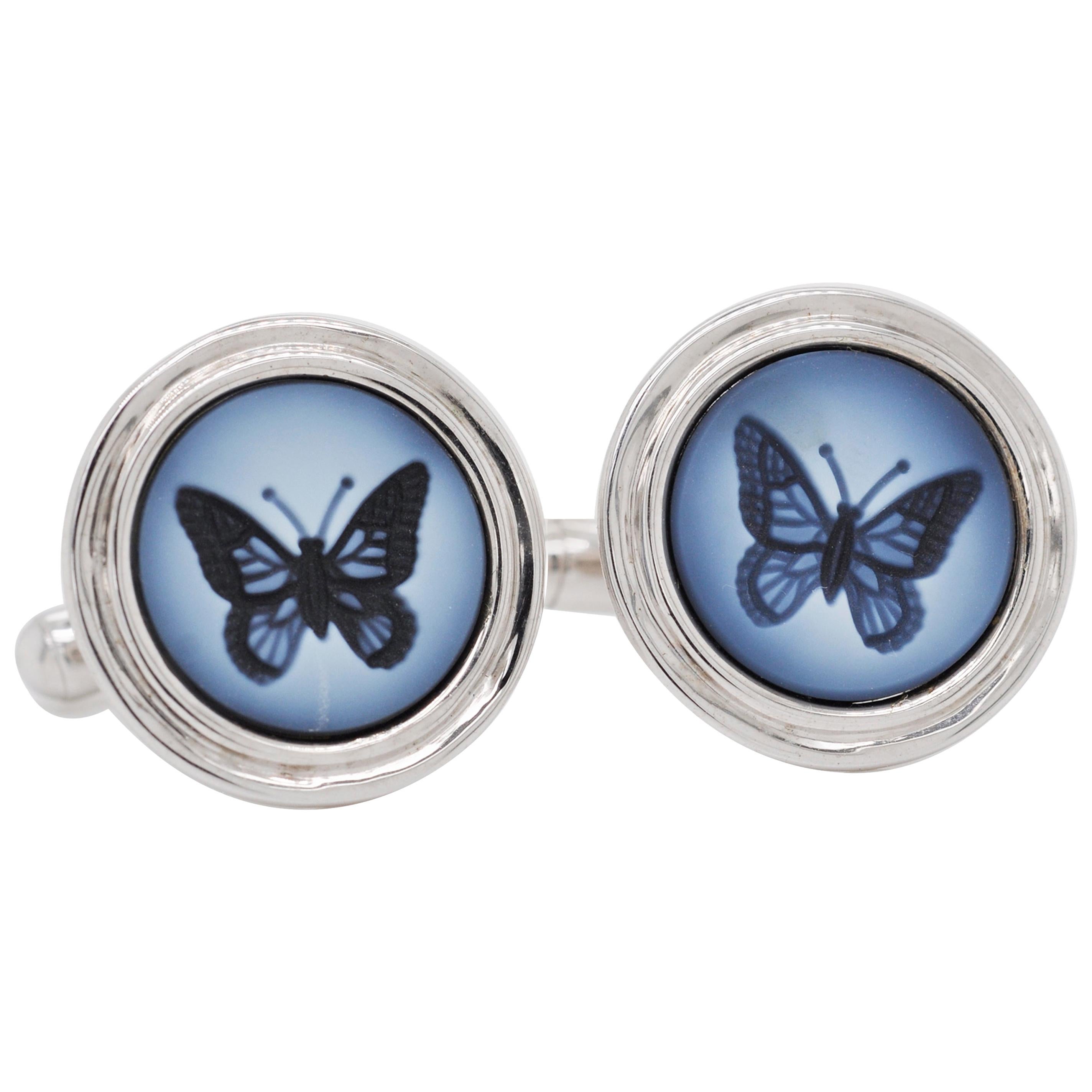 Boutons de manchette en argent sterling avec intaille en agate papillon Contemporary Gemstone Cufflinks en vente