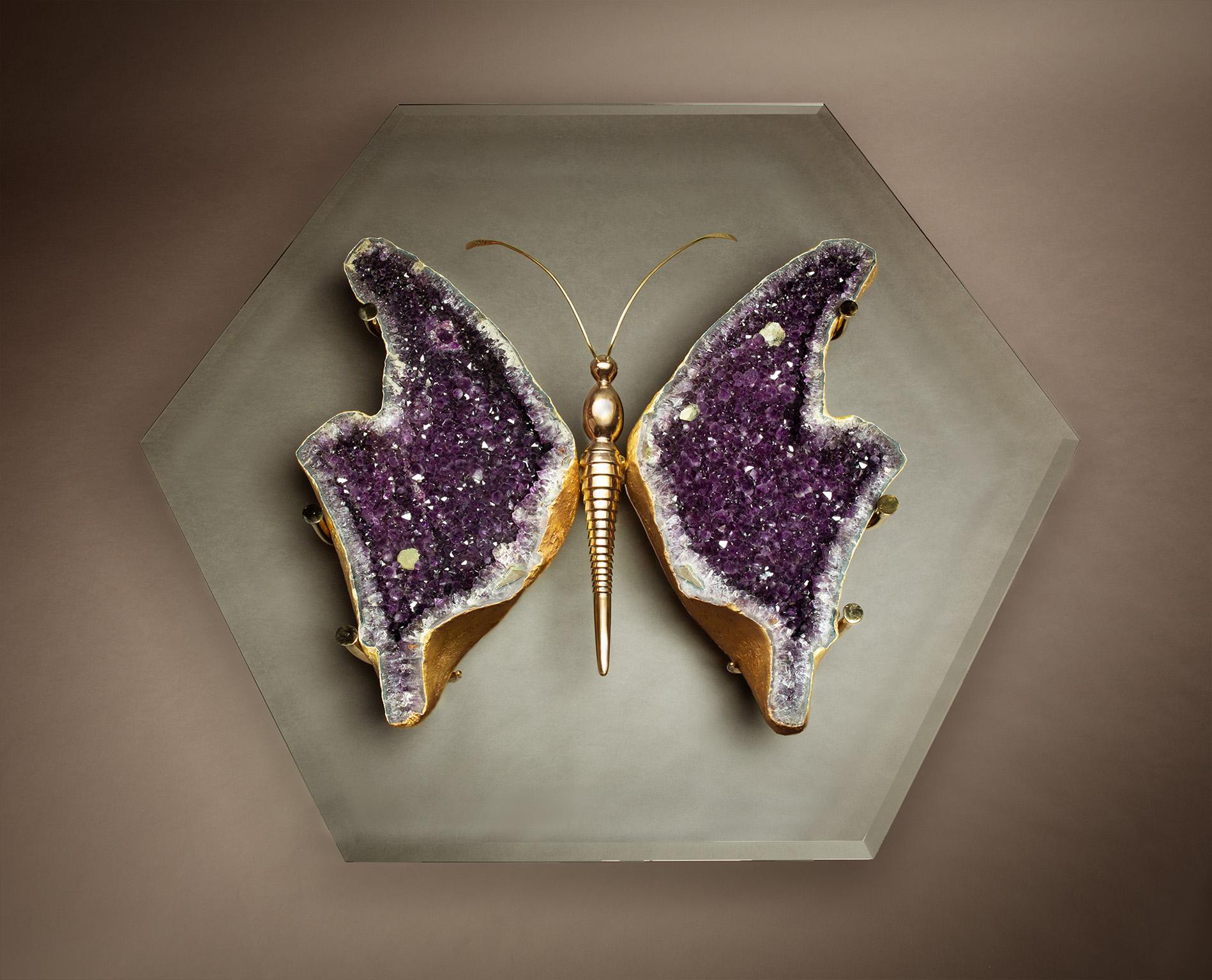 Butterfly bronze and amethyst geode coffee table. Designed and handmade by Gallery Girasole. The backside of amethyst geodes is gilt in 22-karat gold leaf and set on custom cast bronze butterfly body just like a beautiful one of a kind work of