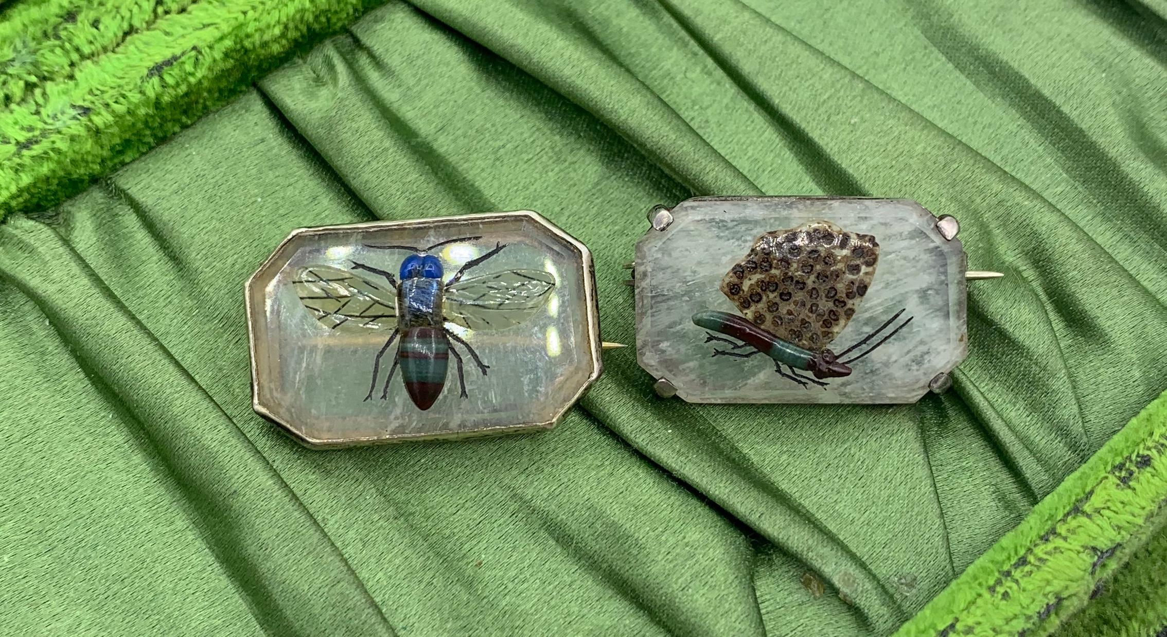 Contemporary Butterfly and Bee Insect Brooch Pins Hardstone Intaglio Rock Crystal Antique For Sale