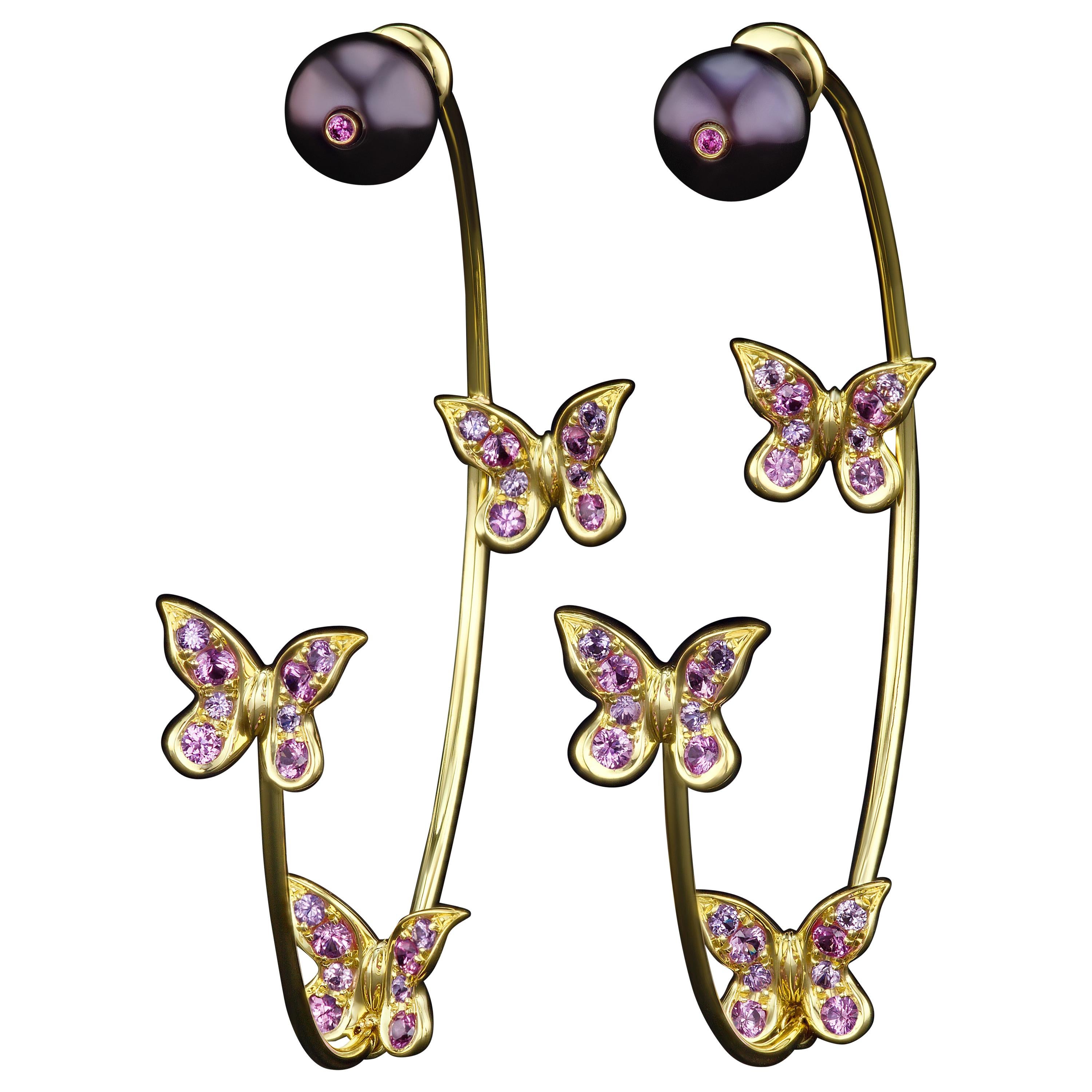 JAG New York Pink and Purple Sapphire, Pearl 18 Karat Earrings For Sale