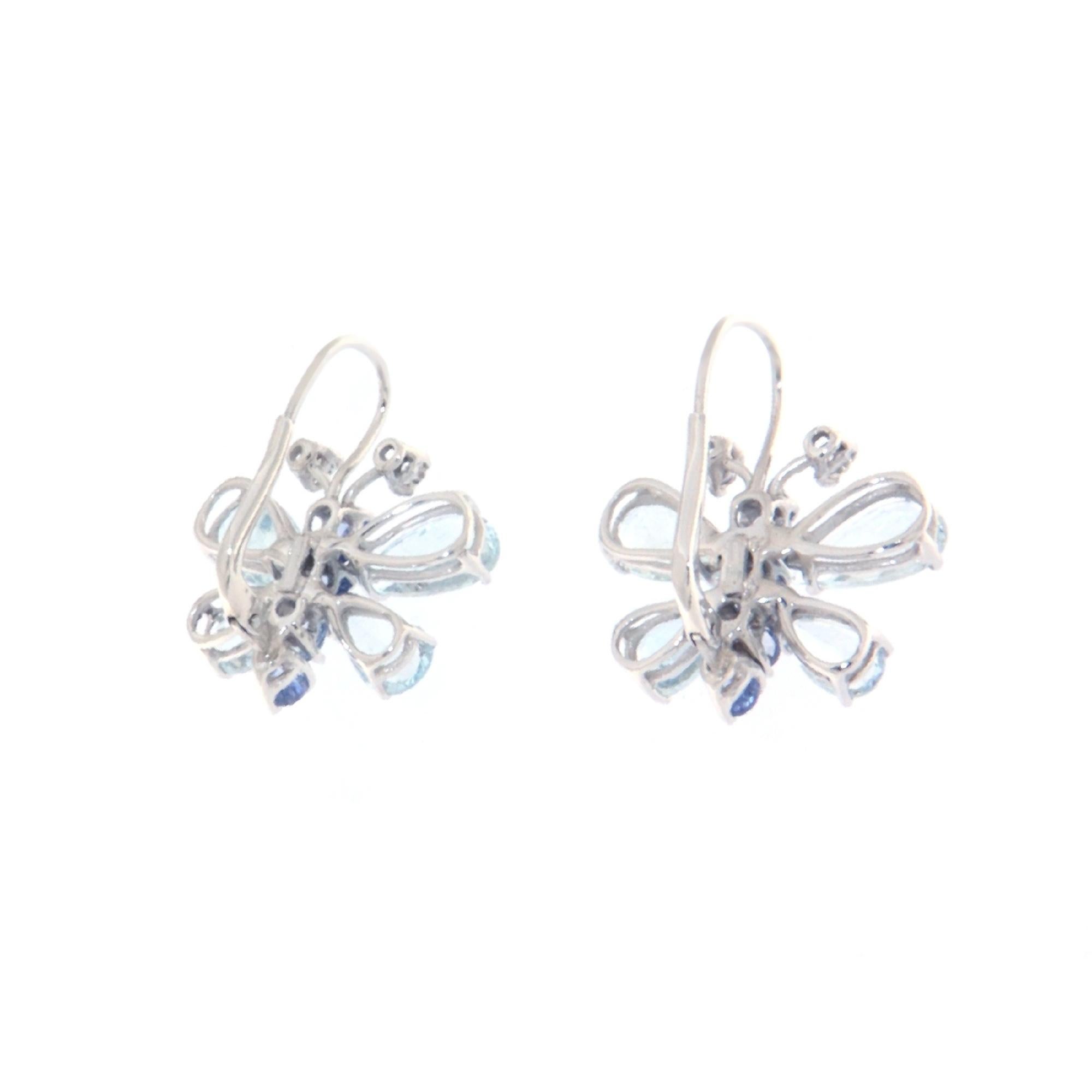Artisan Butterfly Aquamarine Sapphires 18 Karat White Gold Drop Earrings For Sale