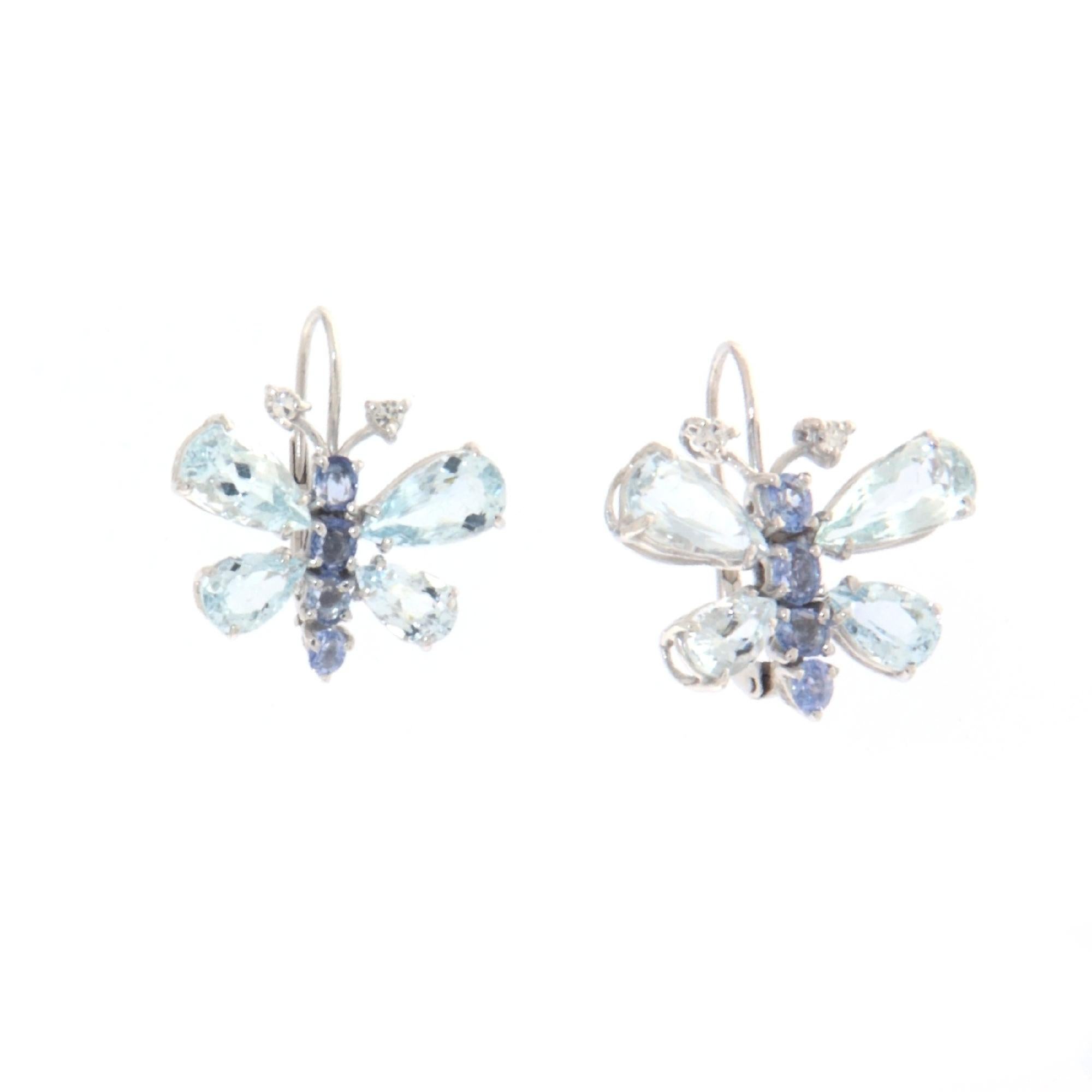 Butterfly Aquamarine Sapphires 18 Karat White Gold Drop Earrings In New Condition For Sale In Marcianise, IT