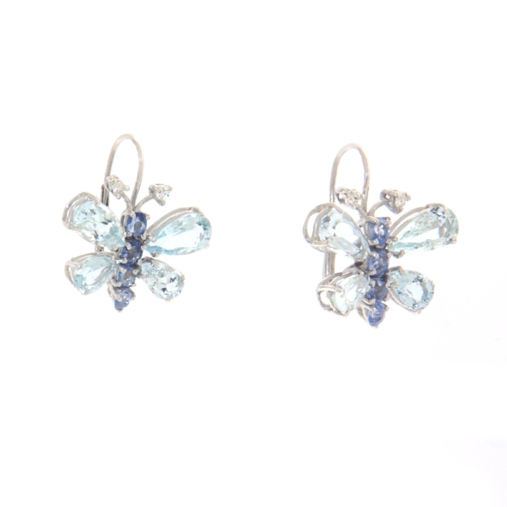 Women's Butterfly Aquamarine Sapphires 18 Karat White Gold Drop Earrings For Sale