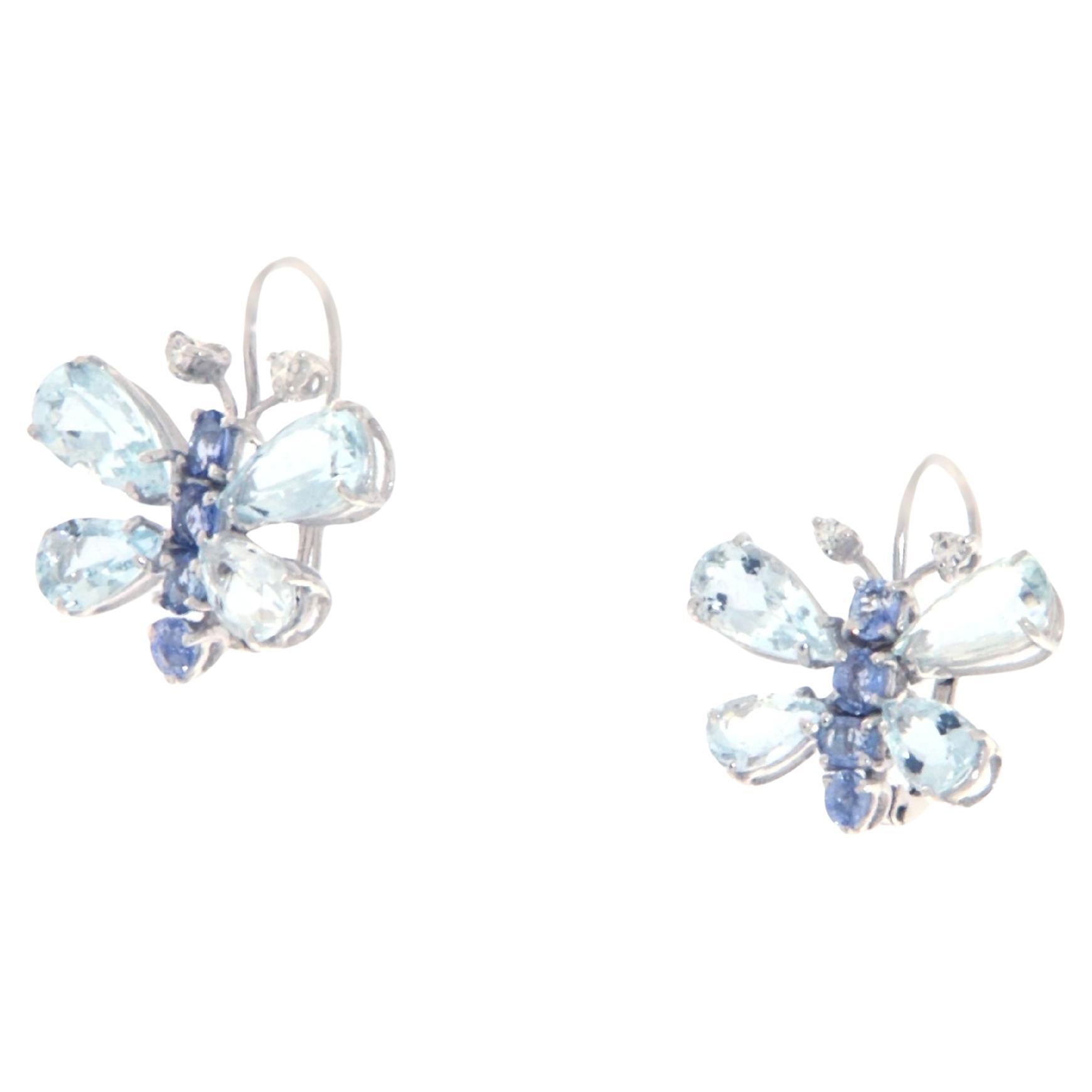 Butterfly Aquamarine Sapphires 18 Karat White Gold Drop Earrings For Sale