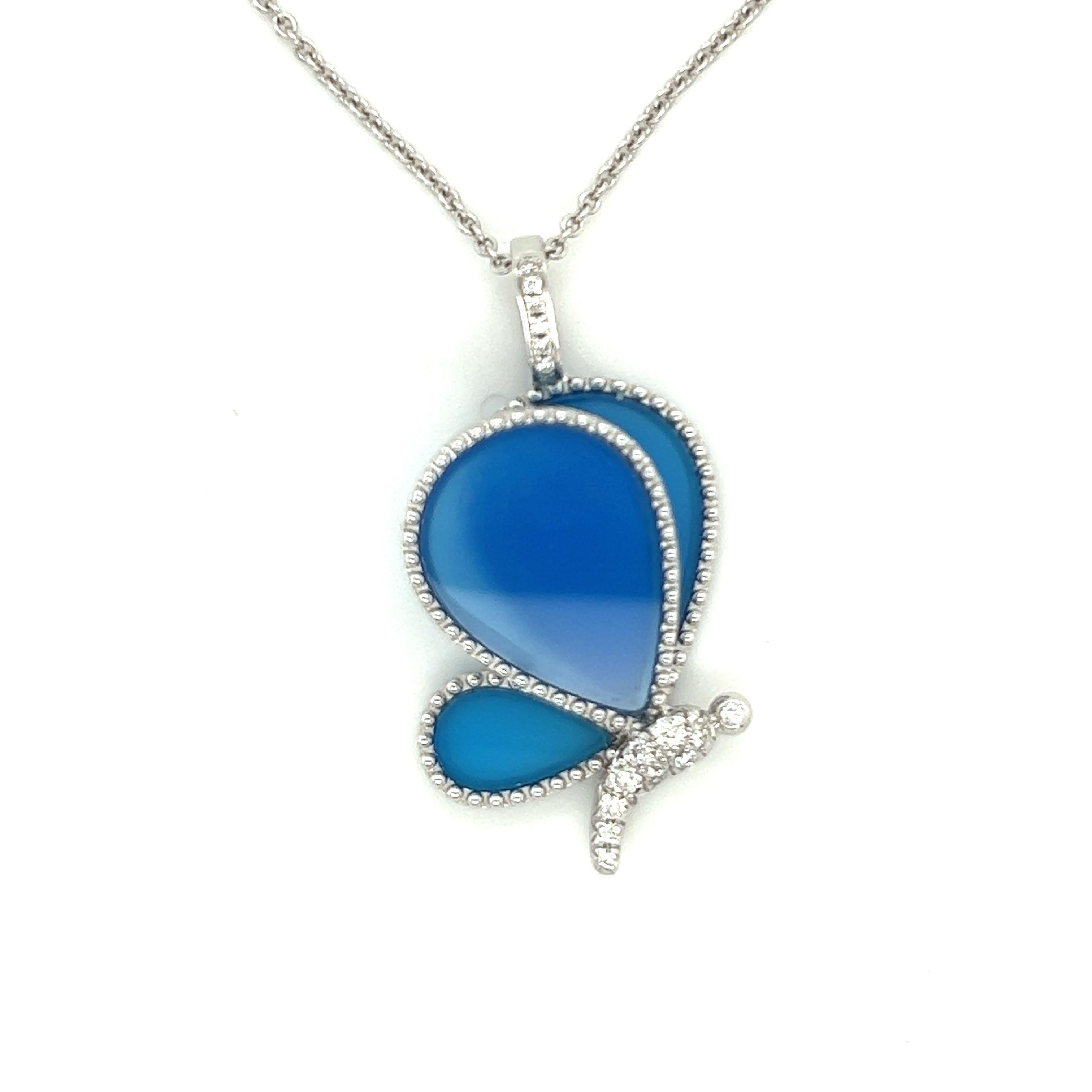 Butterfly Blue Agate 18K White Gold Necklace

3 Blue Agates 5.40CT
17 Diamonds 0.18CT
18K White Gold 7.76 GM

Blue agate crystal offers its bearers 'emotional facelifts'. The stone is used as a means of healing and building strong emotional health