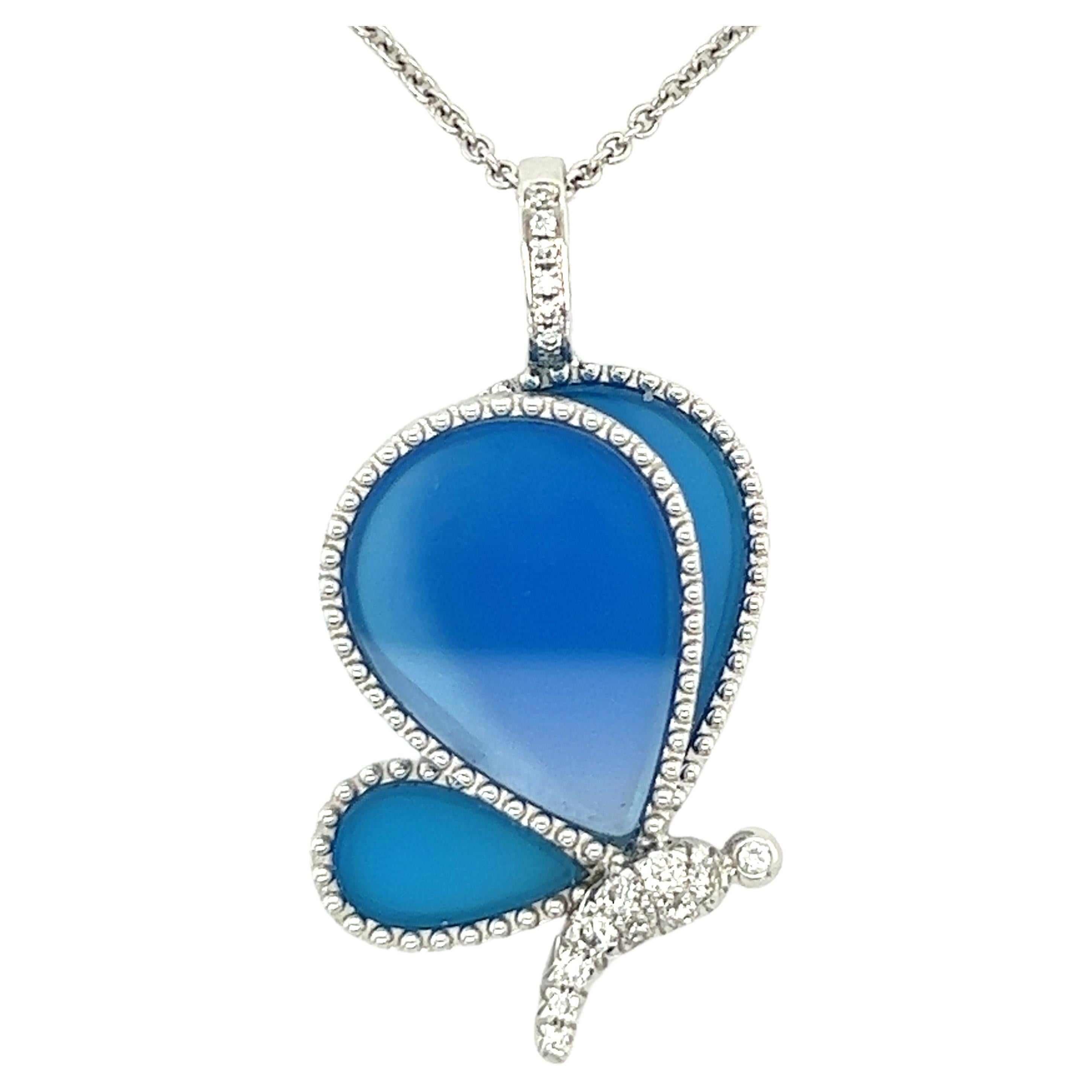 Butterfly Blue Agate 18k White Gold Necklace For Sale