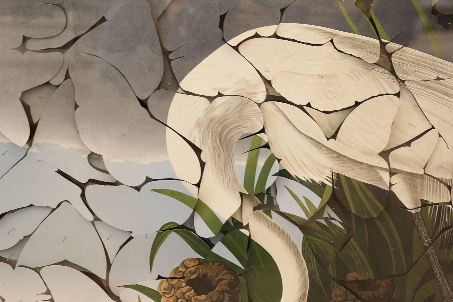 Butterfly box great egret. Vintage reprint of Robert Havell's 'Great Egret' (after John James Audubon, Loates Edition, 1981) cut into butterfly shapes and then pinned into their original position as specimen. Framed within a dark oak stained