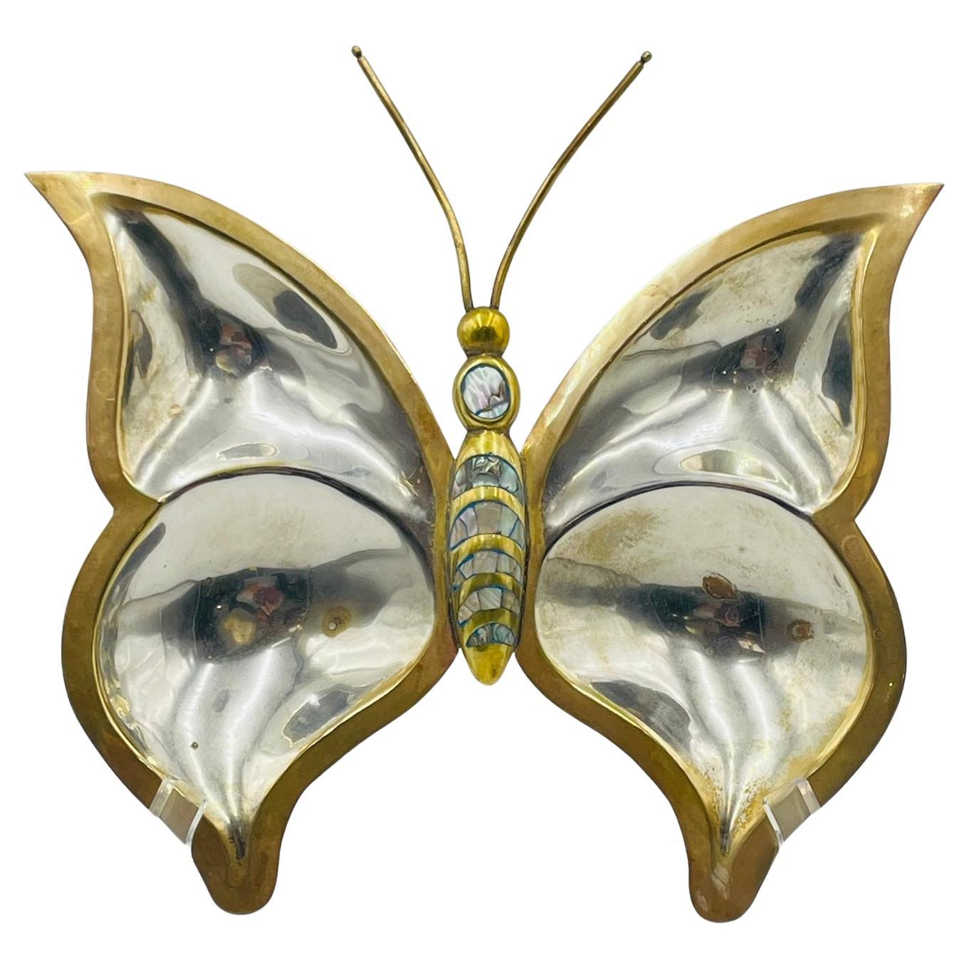 Butterfly Brass and Silver Plate Dish with Abalone Inlay, Mexico 1960s