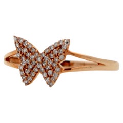 Butterfly Brilliant Cut Pave Set Diamond Split Shank 18K Rose Gold Cute Ring