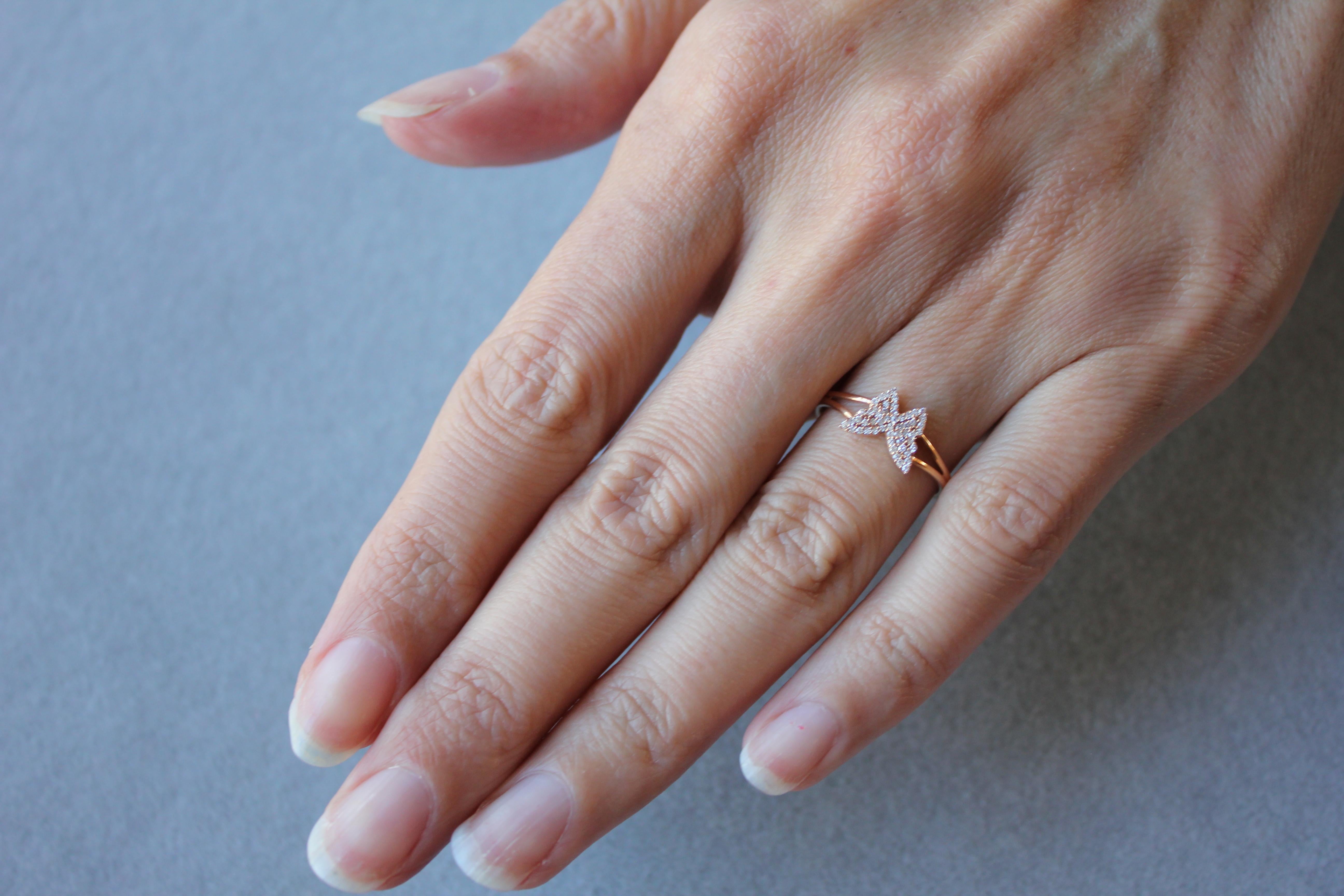 Women's or Men's Butterfly Brilliant Cut Pave Set Diamond Split Shank 18K Rose Gold Cute Ring  For Sale