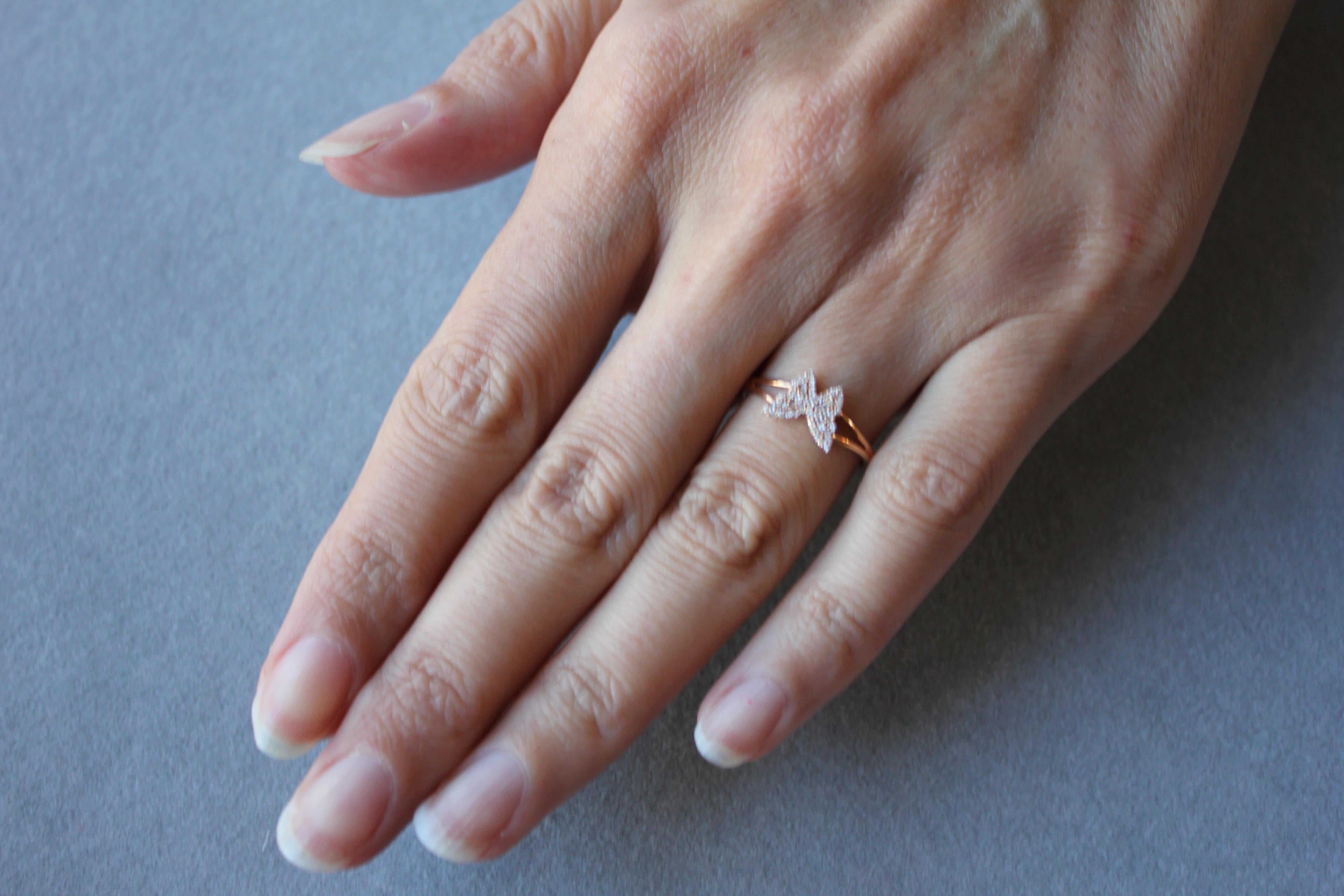 Butterfly Brilliant Cut Pave Set Diamond Split Shank 18K Rose Gold Cute Ring  For Sale 1