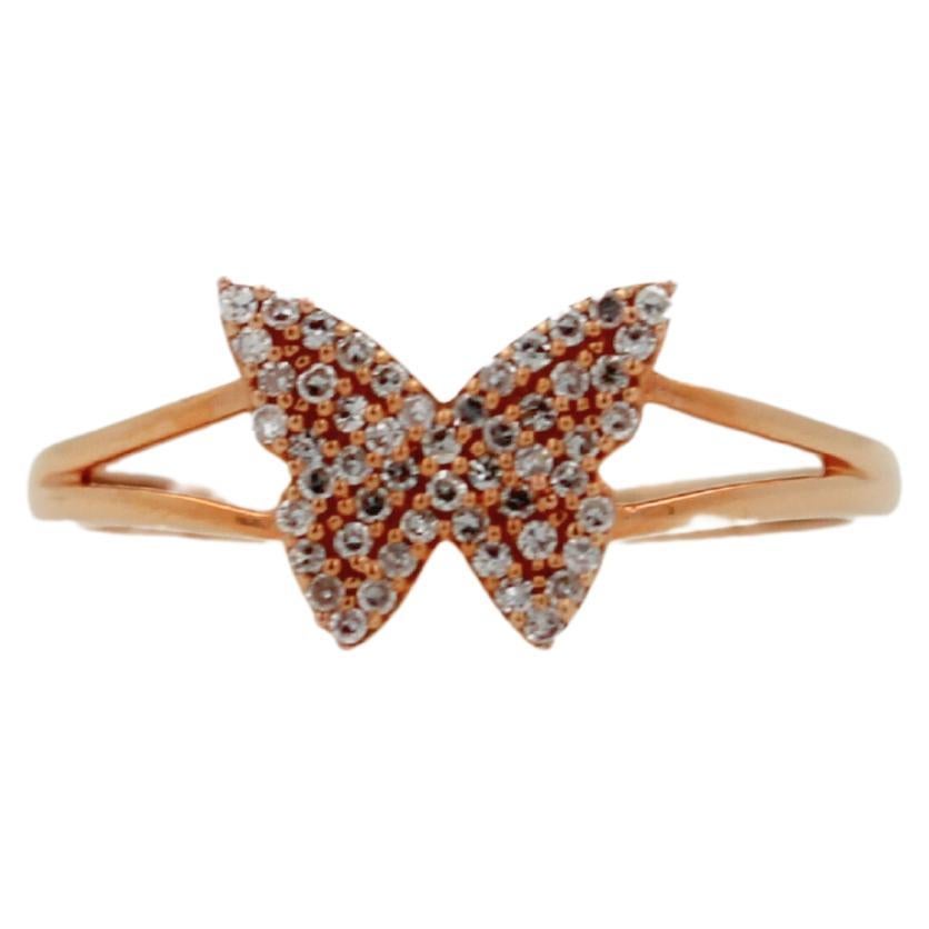 Butterfly Brilliant Cut Pave Set Diamond Split Shank 18K Rose Gold Cute Ring  For Sale