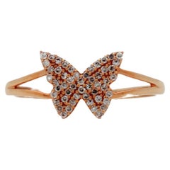 Bague Butterfly Brilliant Cut Pave Set Diamond Split Shank 18K Rose Gold Cute Ring 