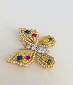 Platinum and Gold Diamond Sapphire Ruby and Emerald Butterfly Brooch