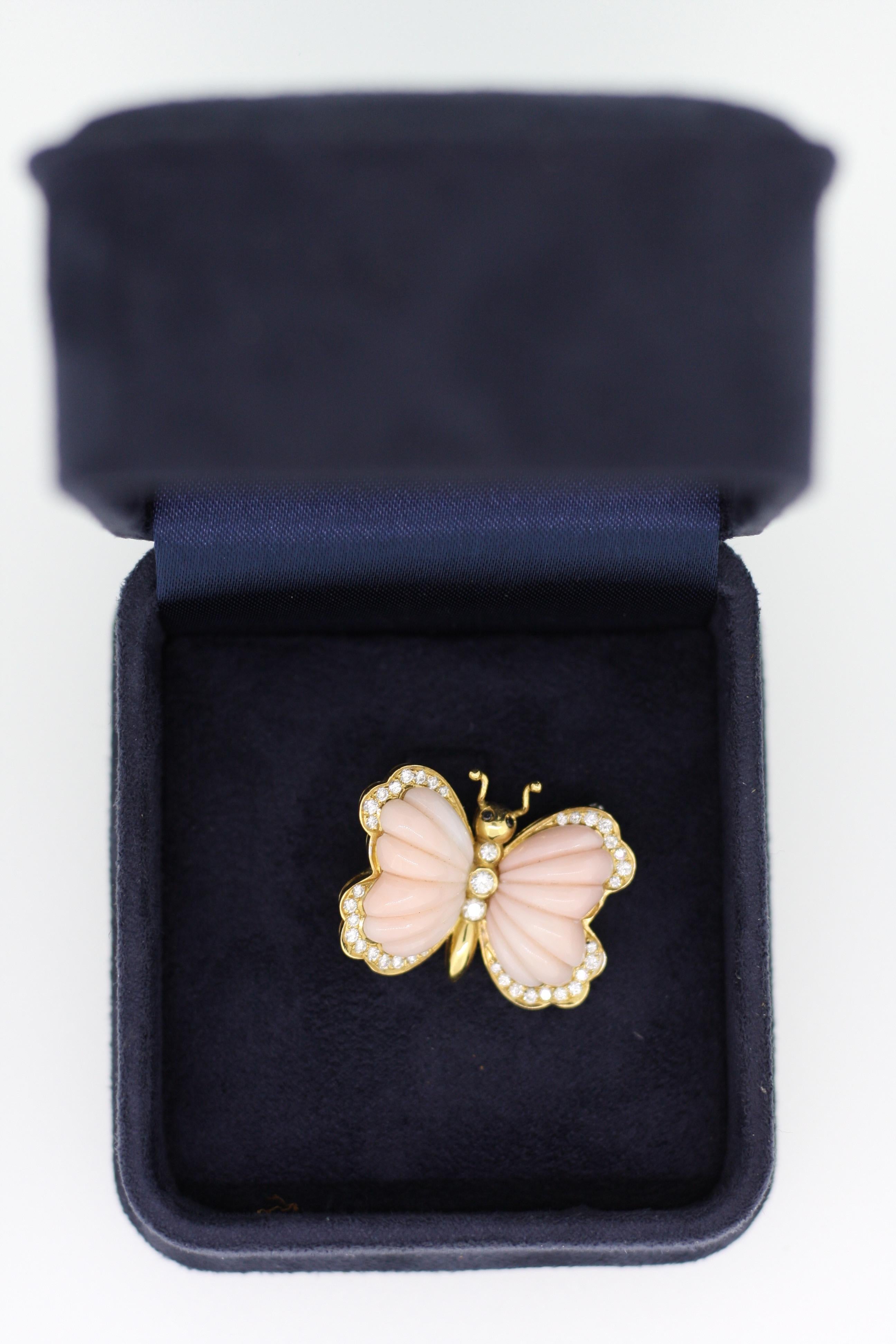 Women's or Men's Butterfly Brooch in Coral in 18 Karat Gold