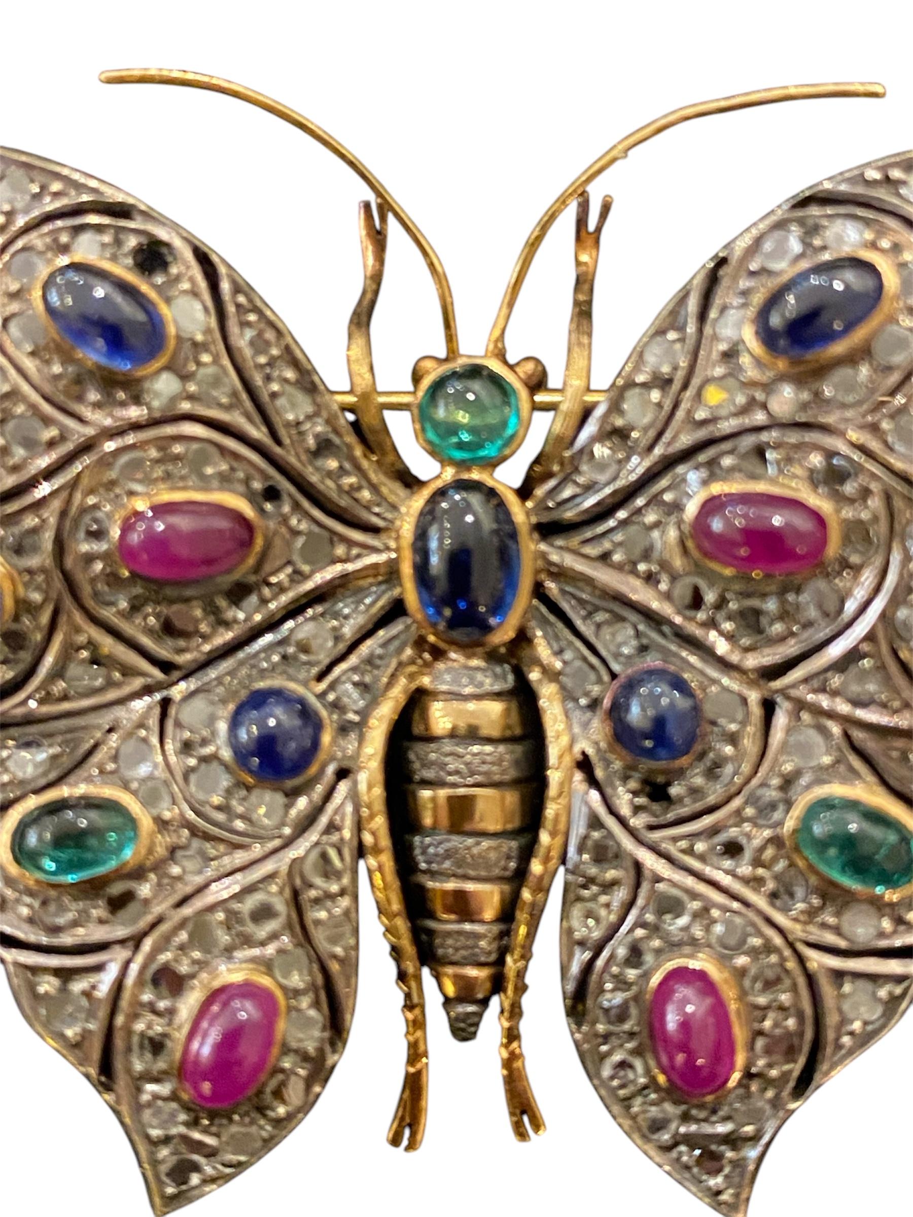 Belle Époque Butterfly brooch in Gold and Silver with Emeralds, Sapphires, Rubies and Diamond