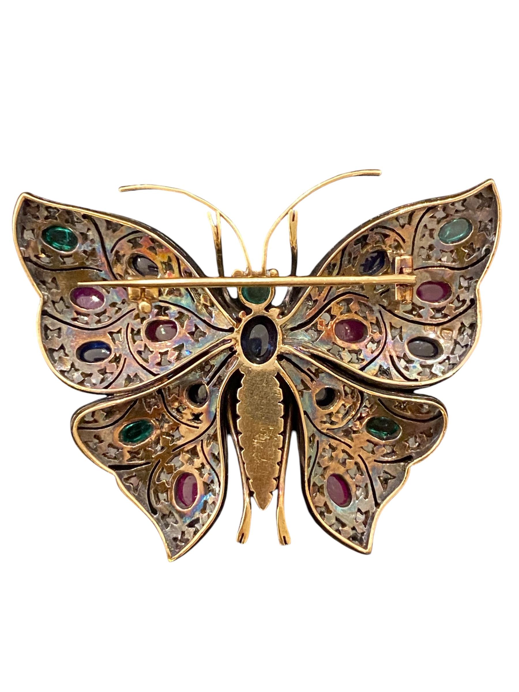 Cabochon Butterfly brooch in Gold and Silver with Emeralds, Sapphires, Rubies and Diamond