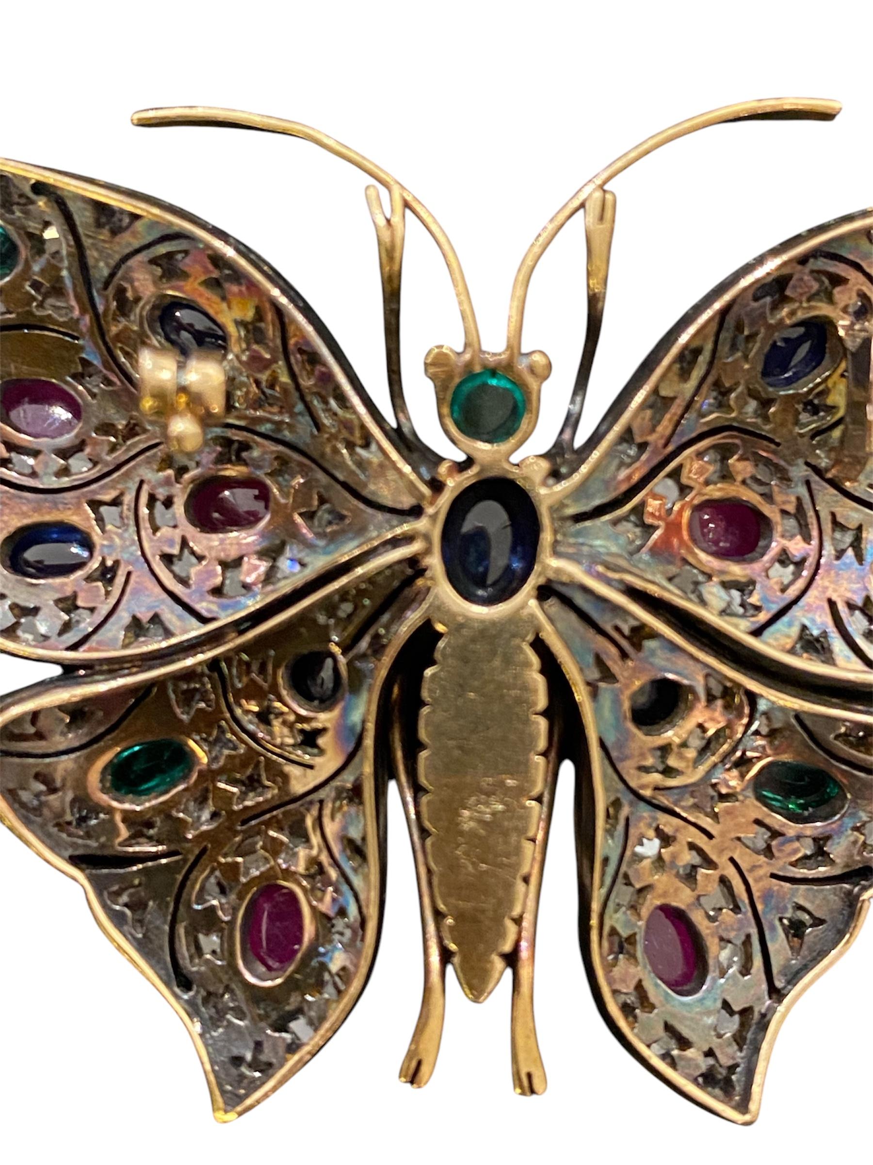 Women's or Men's Butterfly brooch in Gold and Silver with Emeralds, Sapphires, Rubies and Diamond