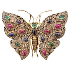 Butterfly brooch in Gold and Silver with Emeralds, Sapphires, Rubies and Diamond