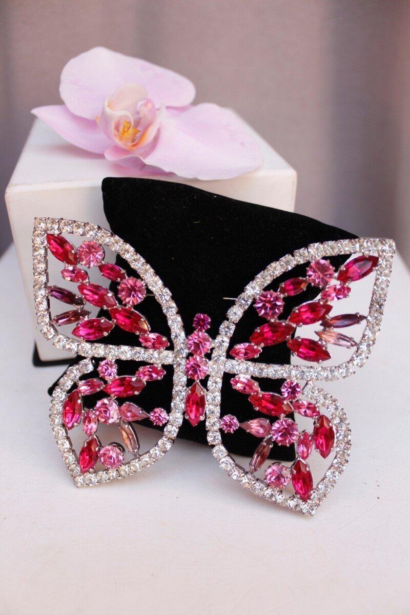 Butterfly Brooch in Pink and White Rhinestones For Sale 1