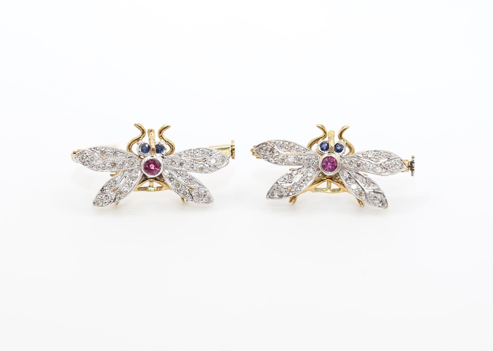 Round Cut Butterfly Brooch Pair Diamonds Sapphire, 1890