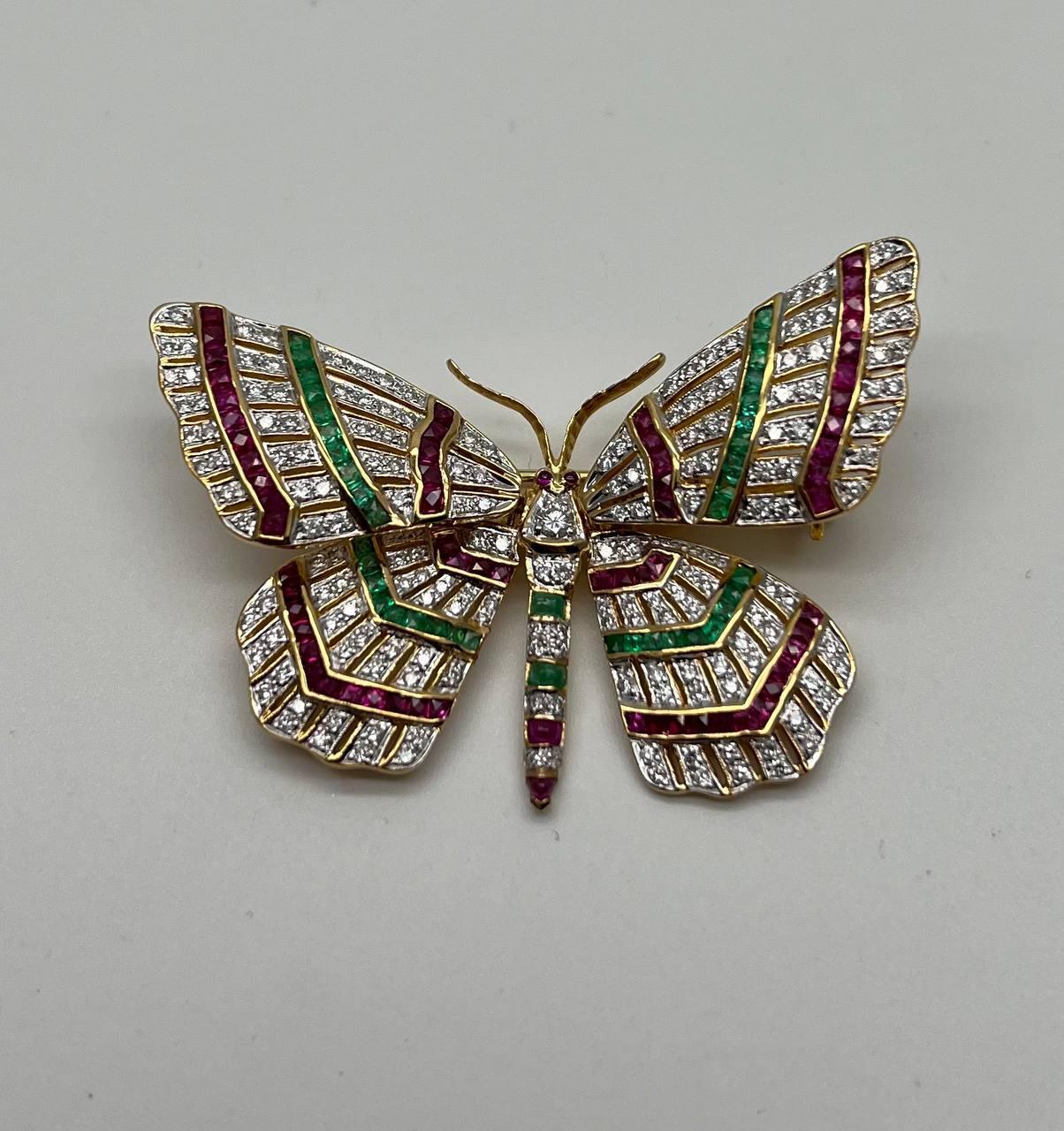 Mixed Cut Butterfly Brooch Pin 18K Yellow Gold Diamond Emerald Ruby Channel Set Statement For Sale