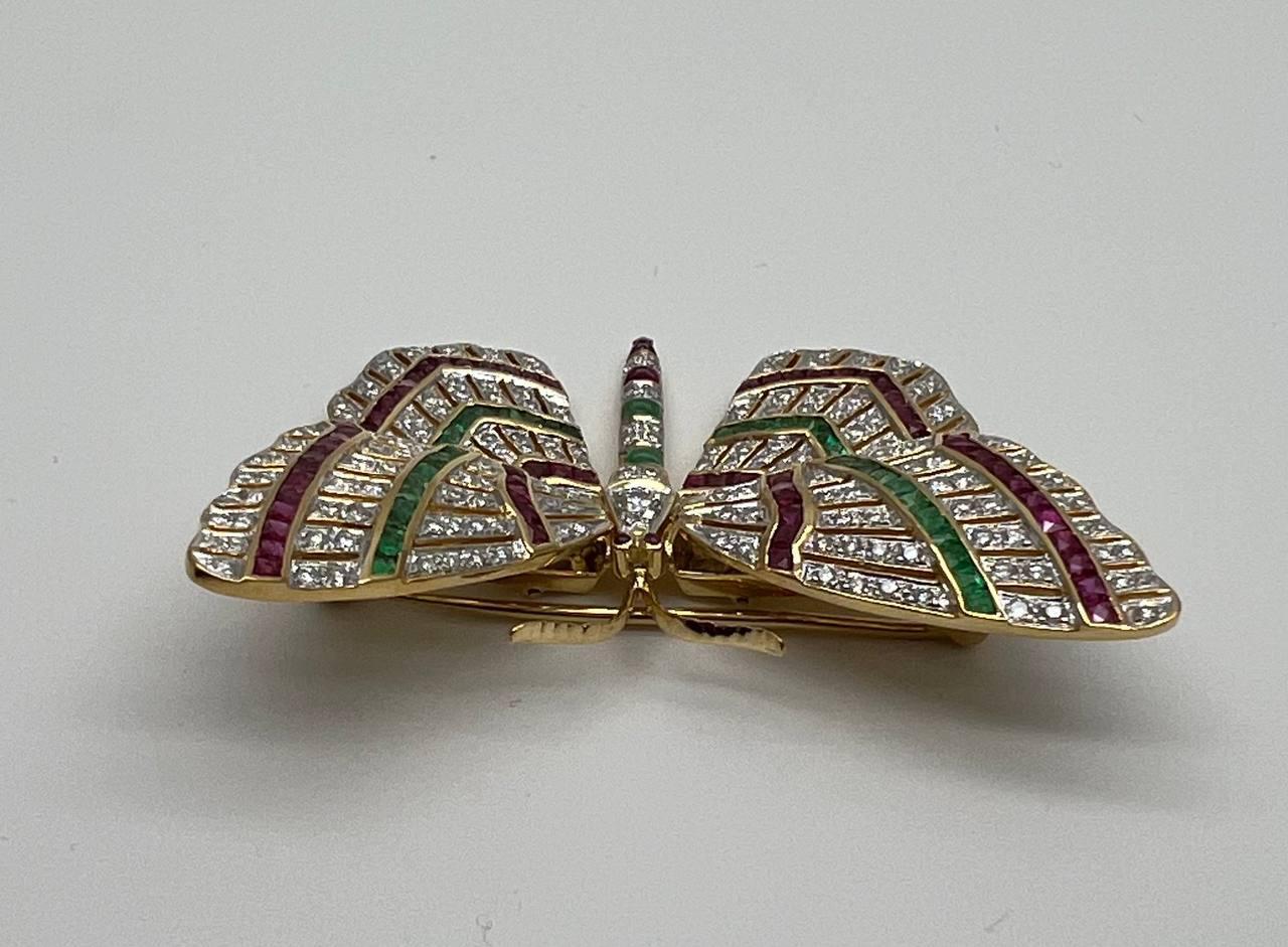 Butterfly Brooch Pin 18K Yellow Gold Diamond Emerald Ruby Channel Set Statement In New Condition For Sale In Oakton, VA