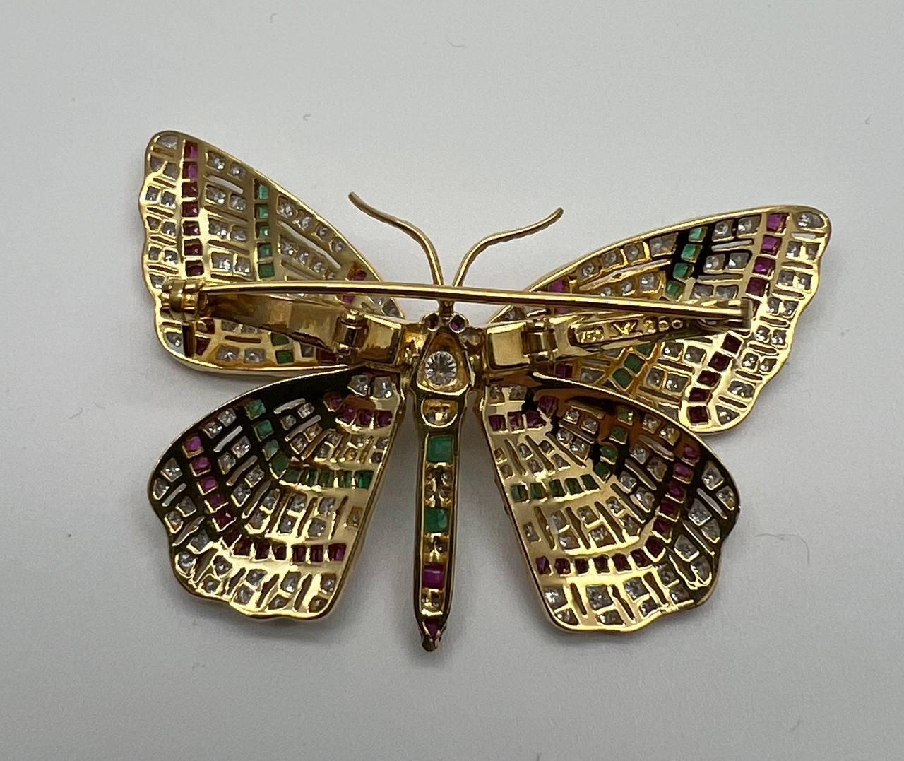 Women's Butterfly Brooch Pin 18K Yellow Gold Diamond Emerald Ruby Channel Set Statement For Sale