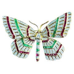 Butterfly Brooch Pin 18K Yellow Gold Diamond Emerald Ruby Channel Set Statement