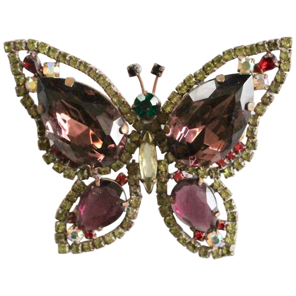 Butterfly Brooch Vintage with multicolored stones For Sale