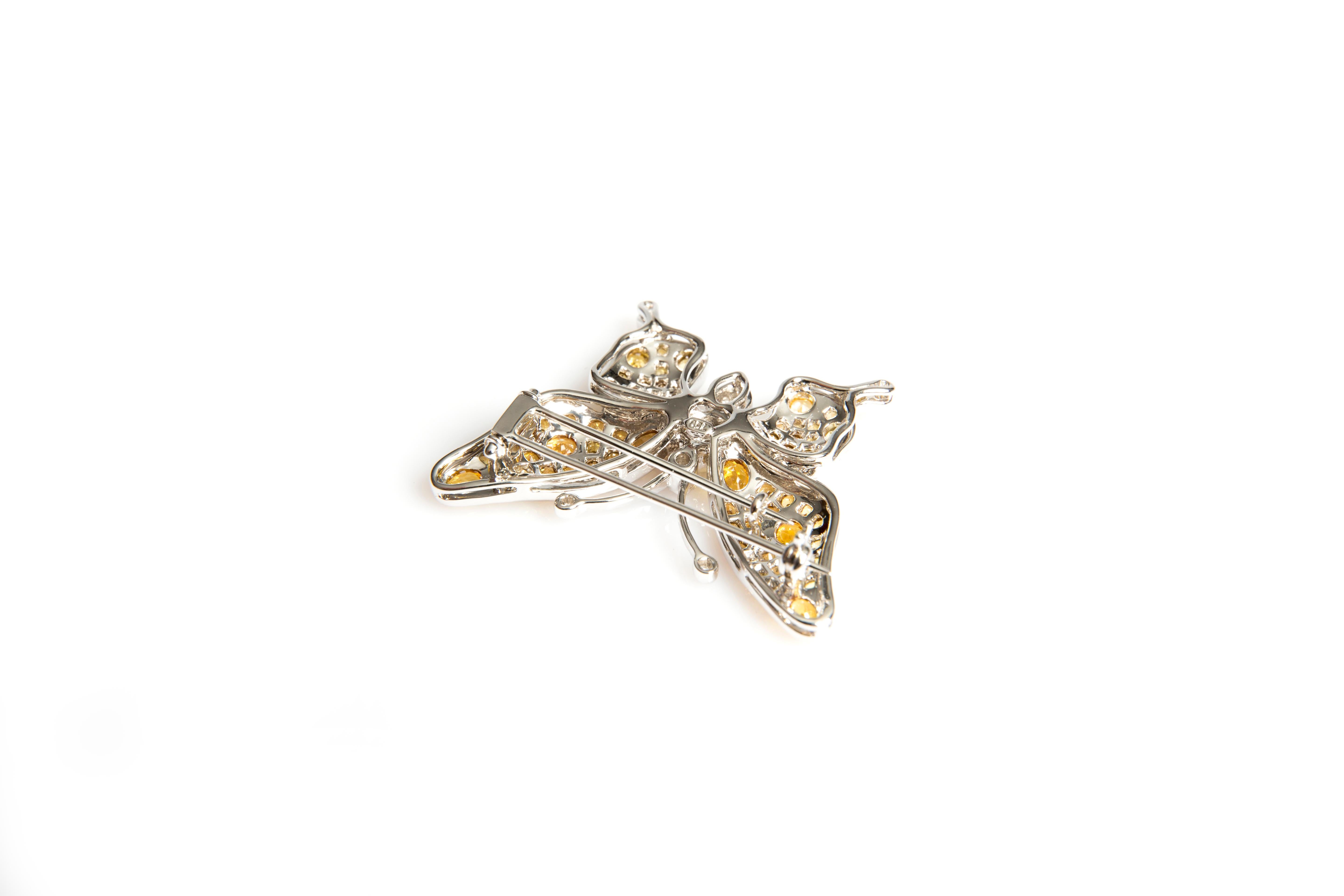 Round Cut Butterfly Brooch with 5.20 Carat Sapphires and 0.20 Carat Diamonds in White Gold For Sale