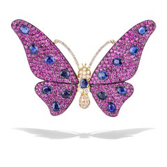 Butterfly Brooch with Pink Red and Blue Sapphires Diamonds in 18Kt Rose Gold