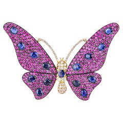 Butterfly Brooch with Pink Red and Blue Sapphires Diamonds in 18Kt Rose Gold