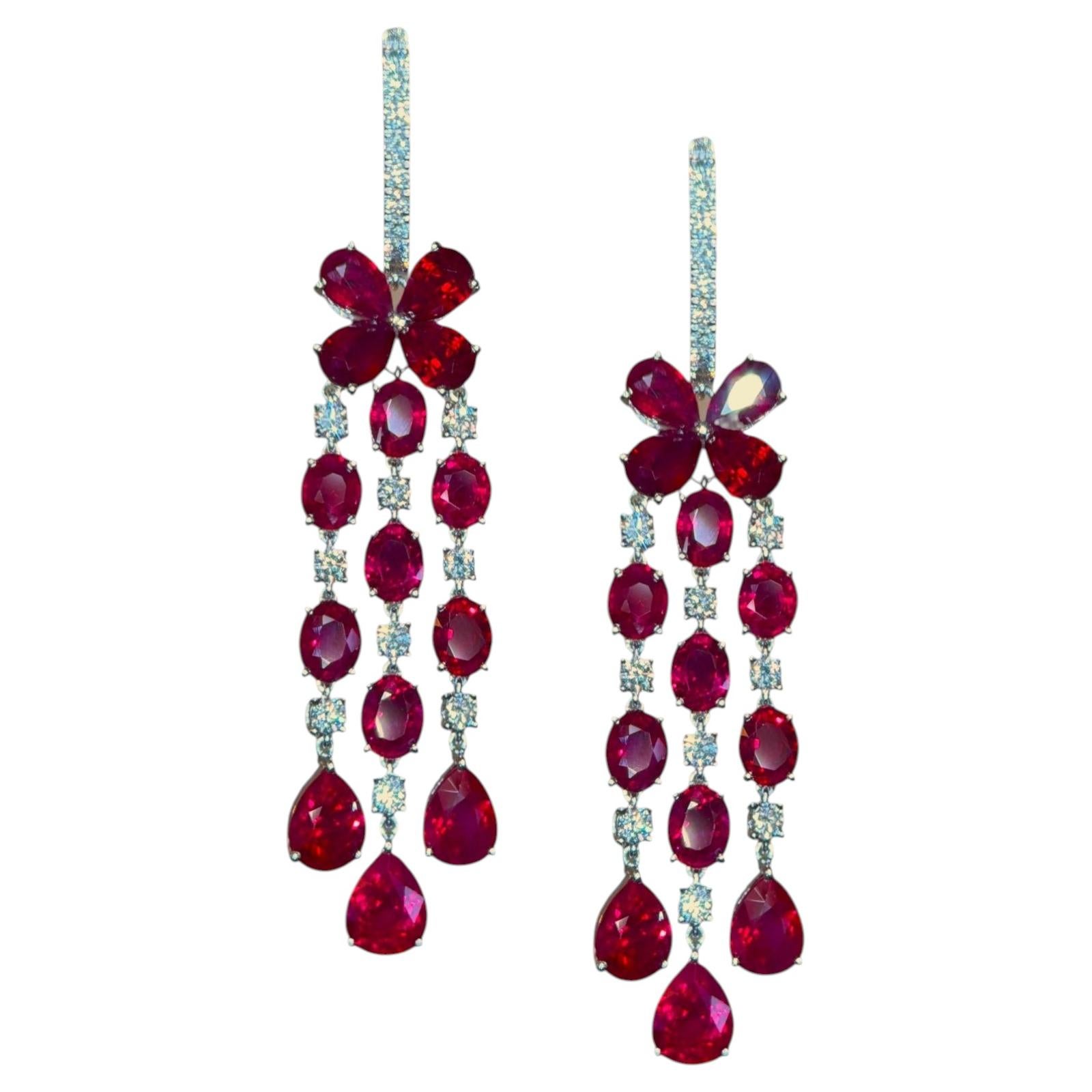 Burma Ruby Diamond Chandelier Earrings, Platinum, 17.07ct