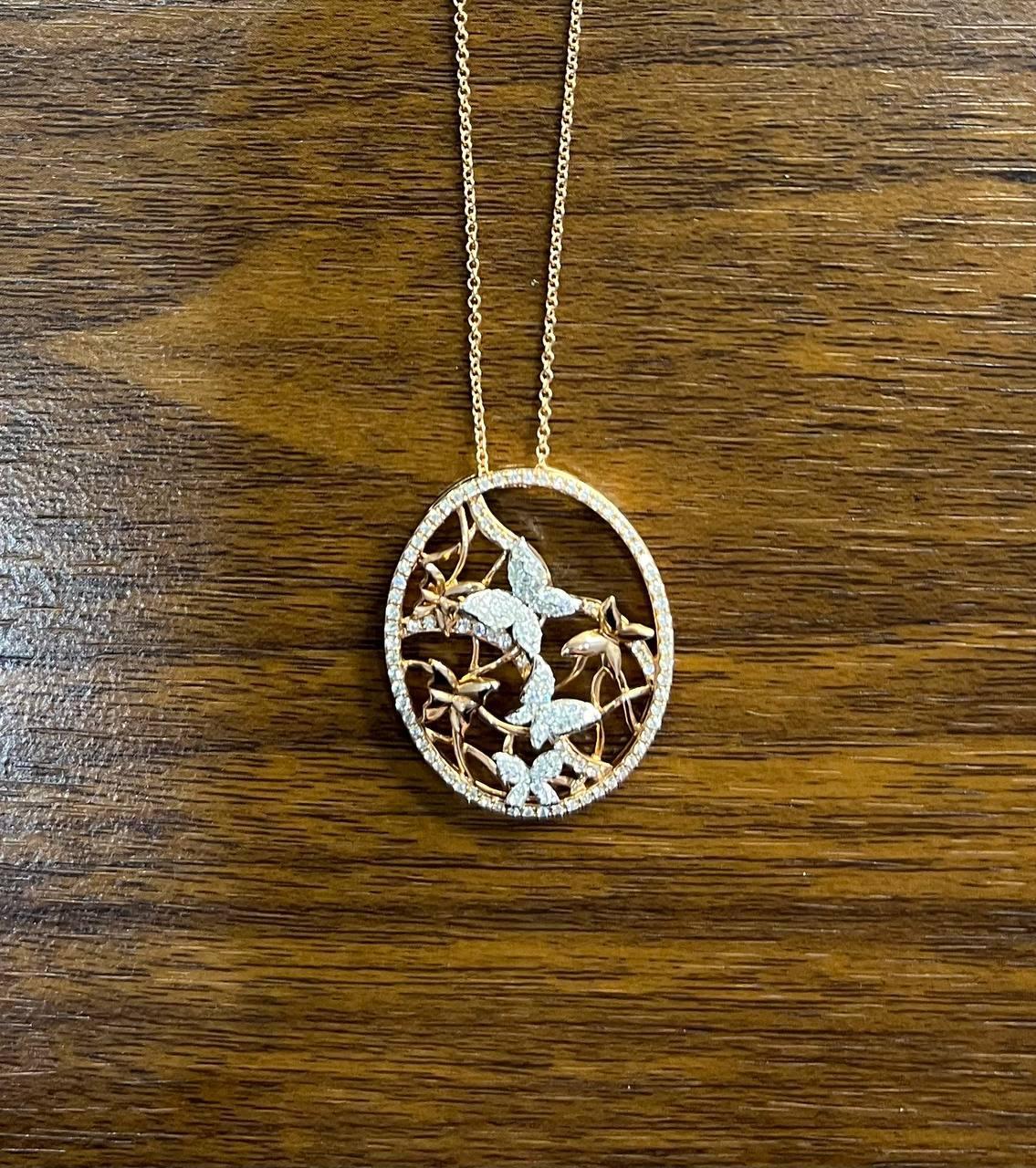 Butterfly Butterflies Diamond Pave Set 14K Rose Gold Pendant Medallion Necklace For Sale 1