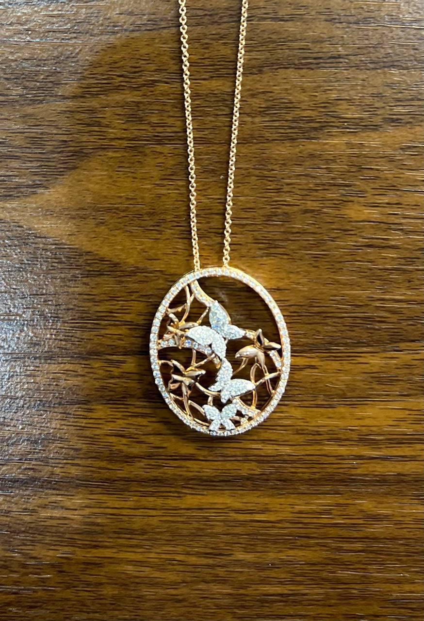 Butterfly Butterflies Diamond Pave Set 14K Rose Gold Pendant Medallion Necklace For Sale 2