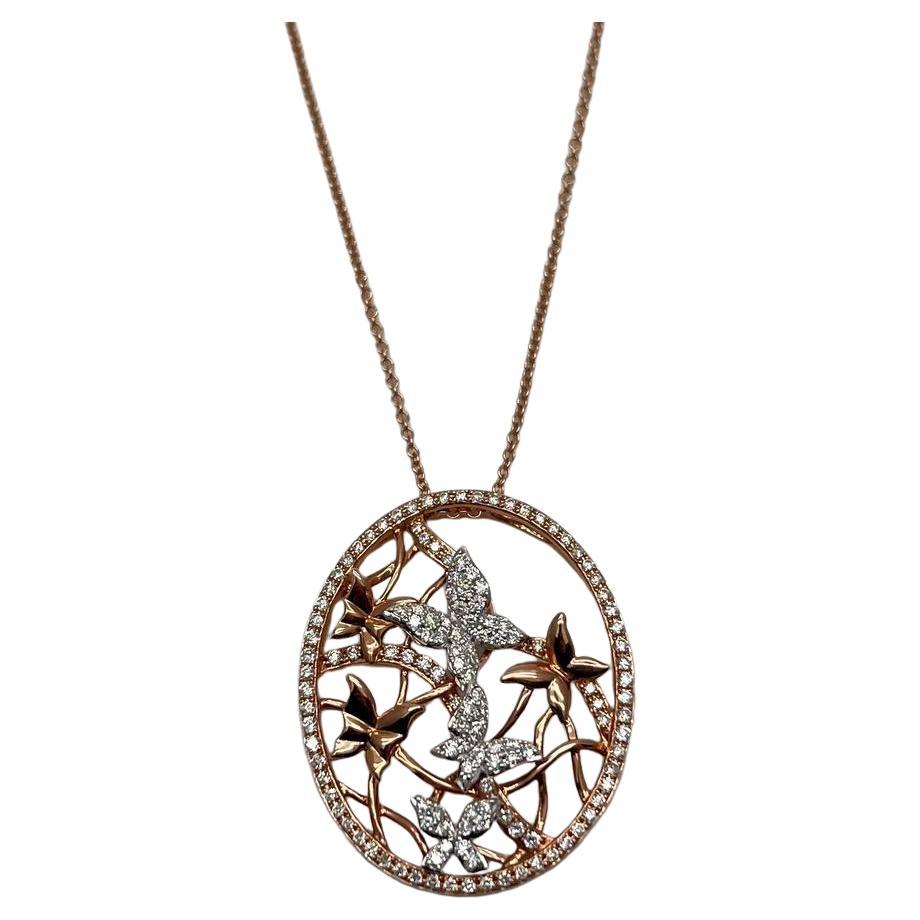 Butterfly Butterflies Diamond Pave Set 14K Rose Gold Pendant Medallion Necklace For Sale