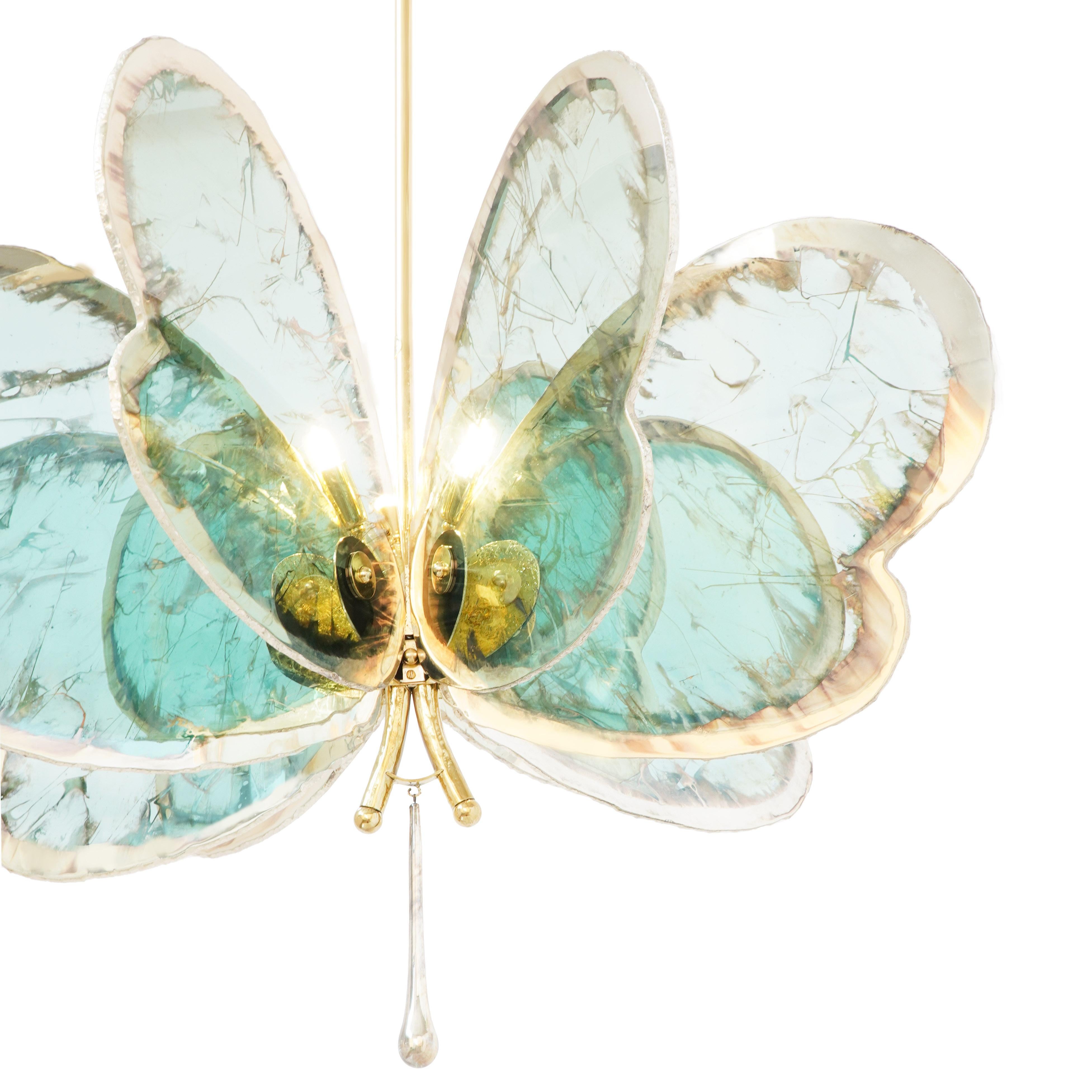 Modern  Butterfly 8 wings, Chandelier, art Silvered Glass, jade color, melted Brass  For Sale