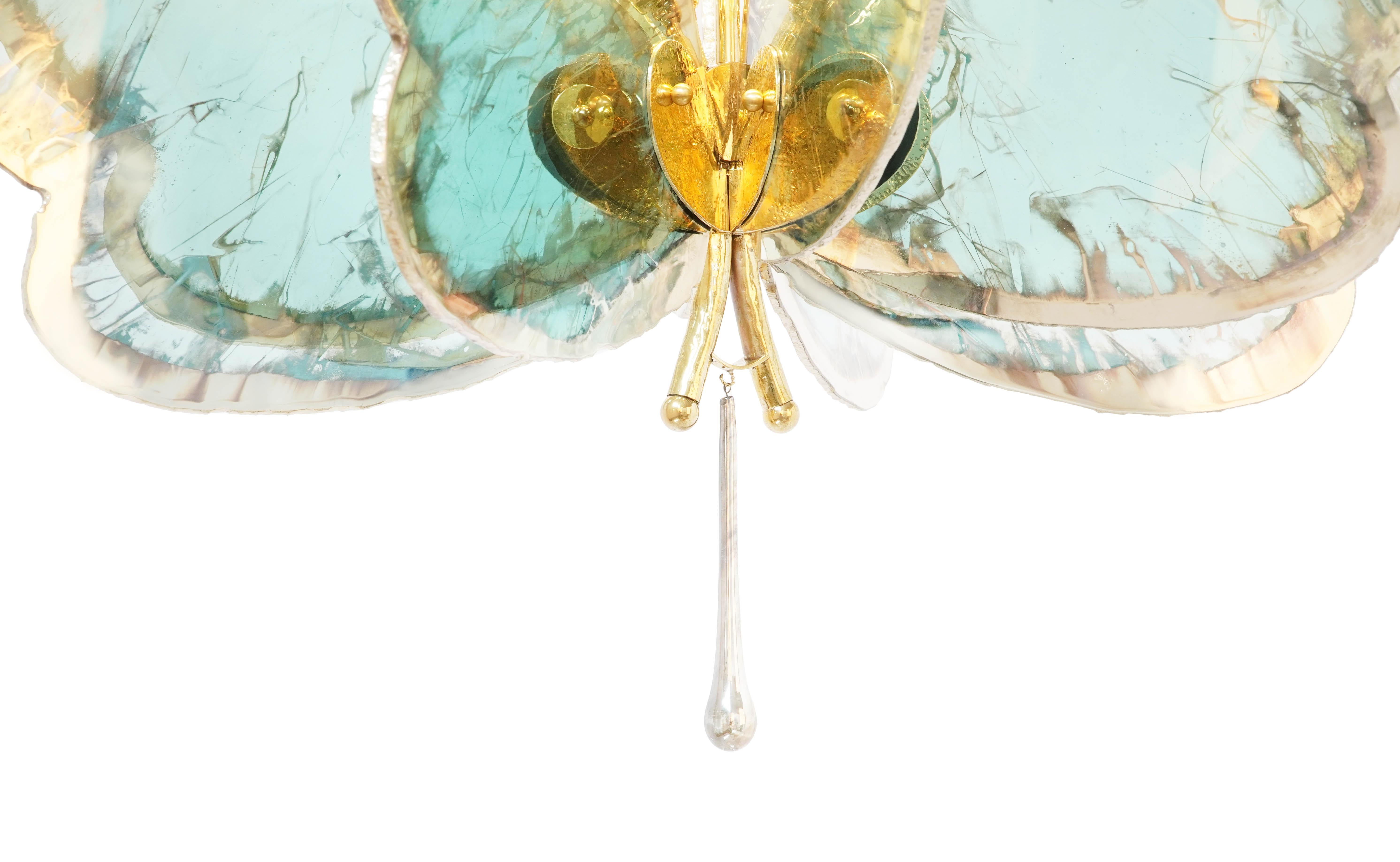 Italian  Butterfly 8 wings, Chandelier, art Silvered Glass, jade color, melted Brass  For Sale