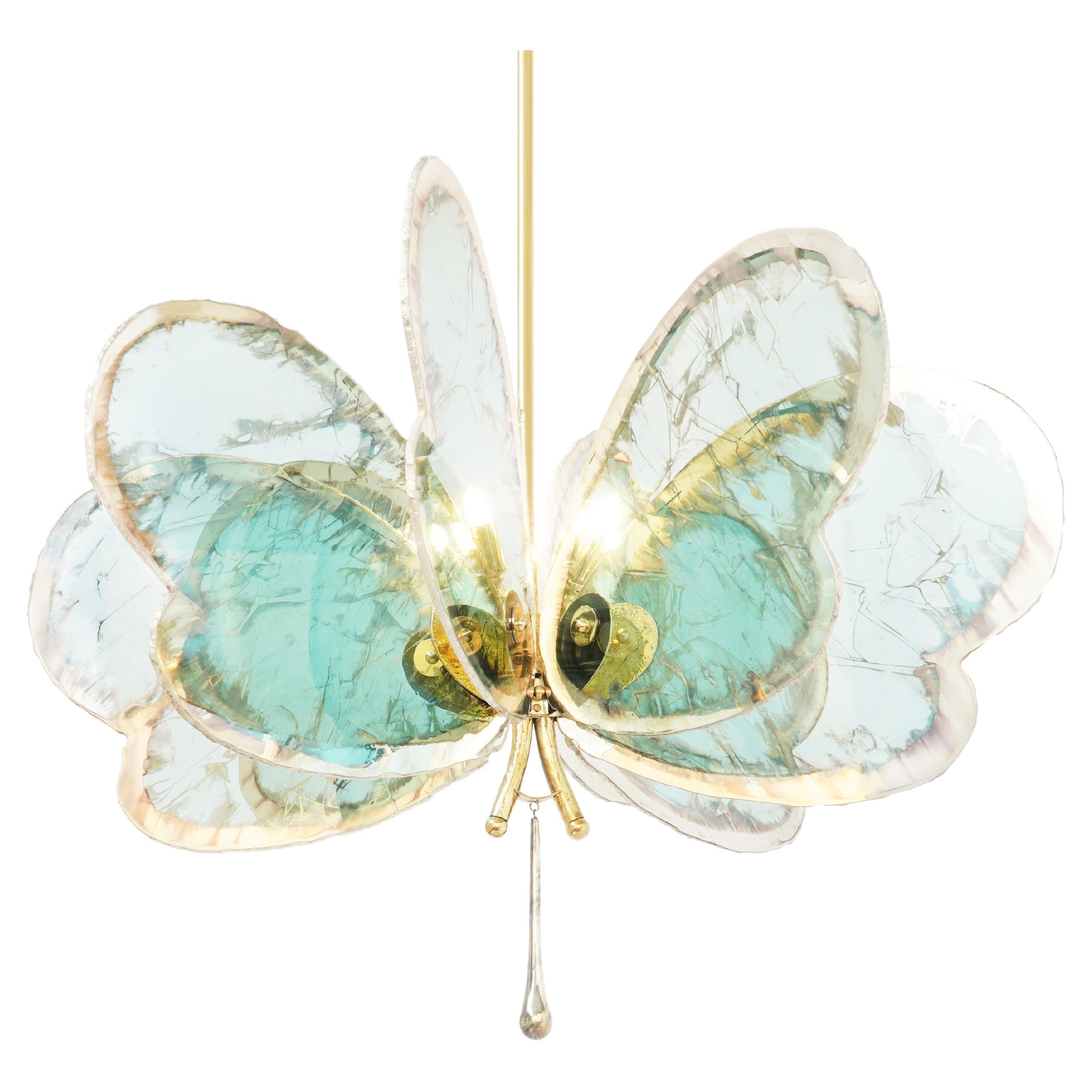  Schmetterling-Kronleuchter mit 8 Flügeln, versilbertes Glas, Jadefarbe, geschmolzenes Messing 