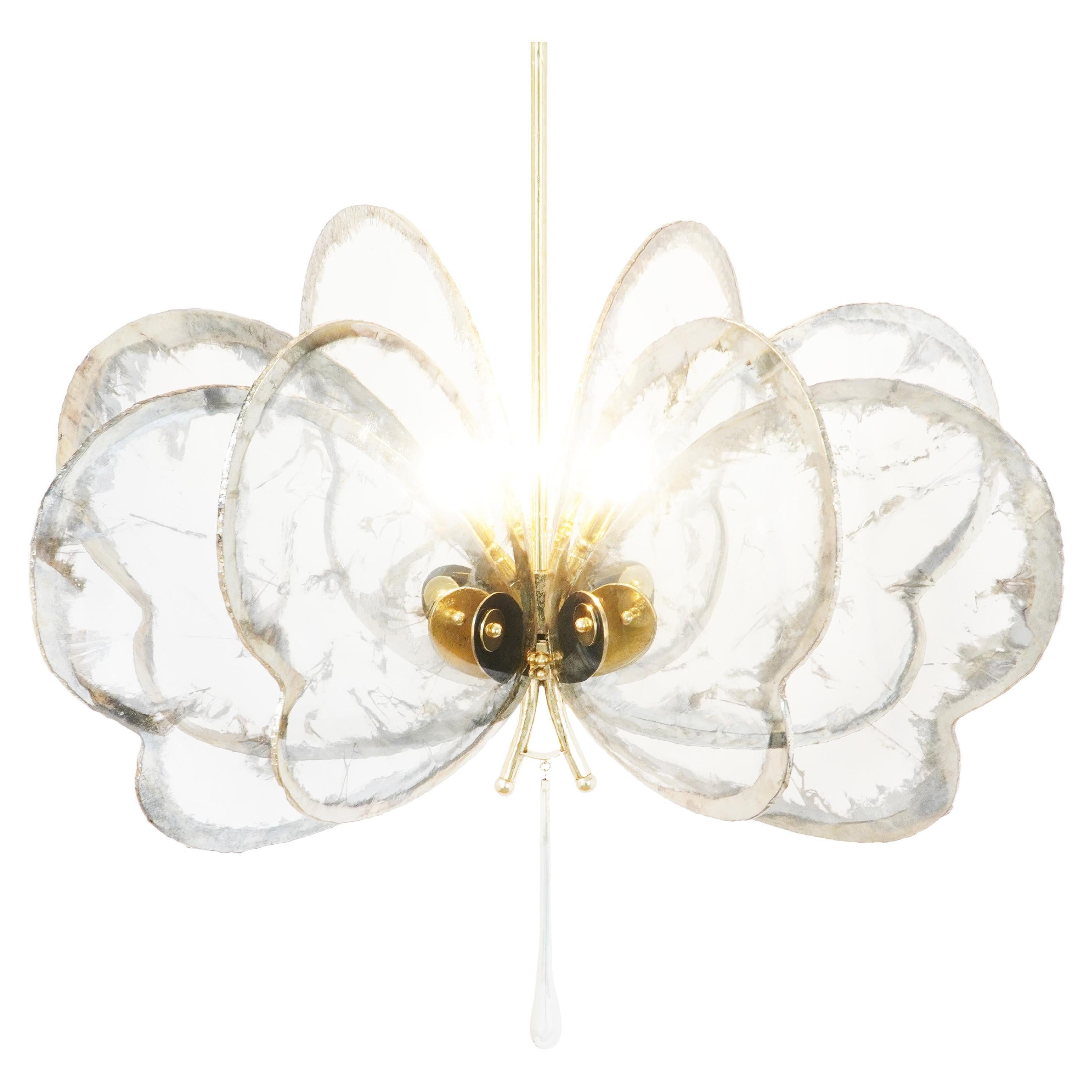 Butterfly 8 wings, Chandelier, Crystal Silvered Glass, melted Brass Body For Sale