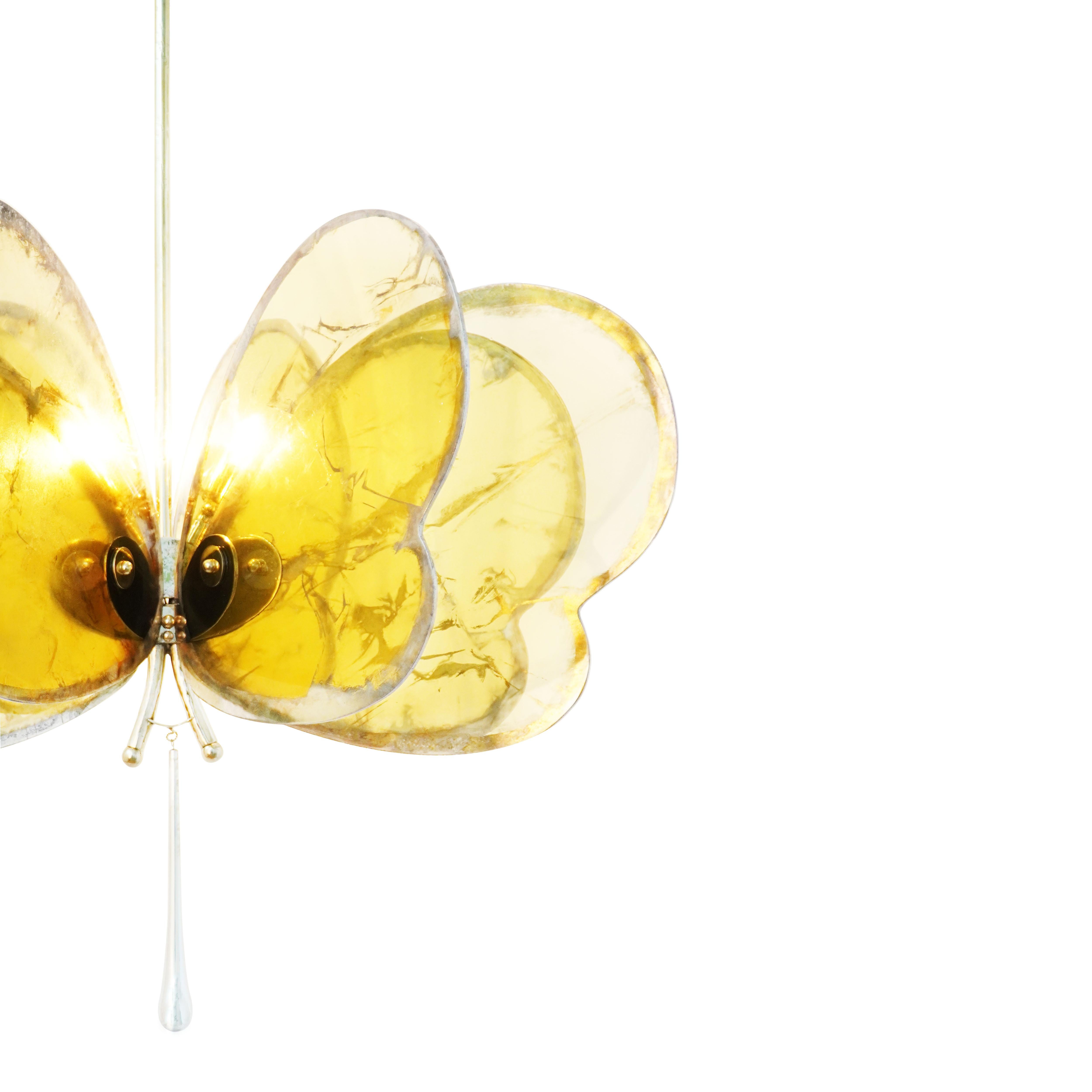 Contemporary Butterfly 8 wings, Chandelier, art Silvered Glass Sun, melted Brass Body   For Sale