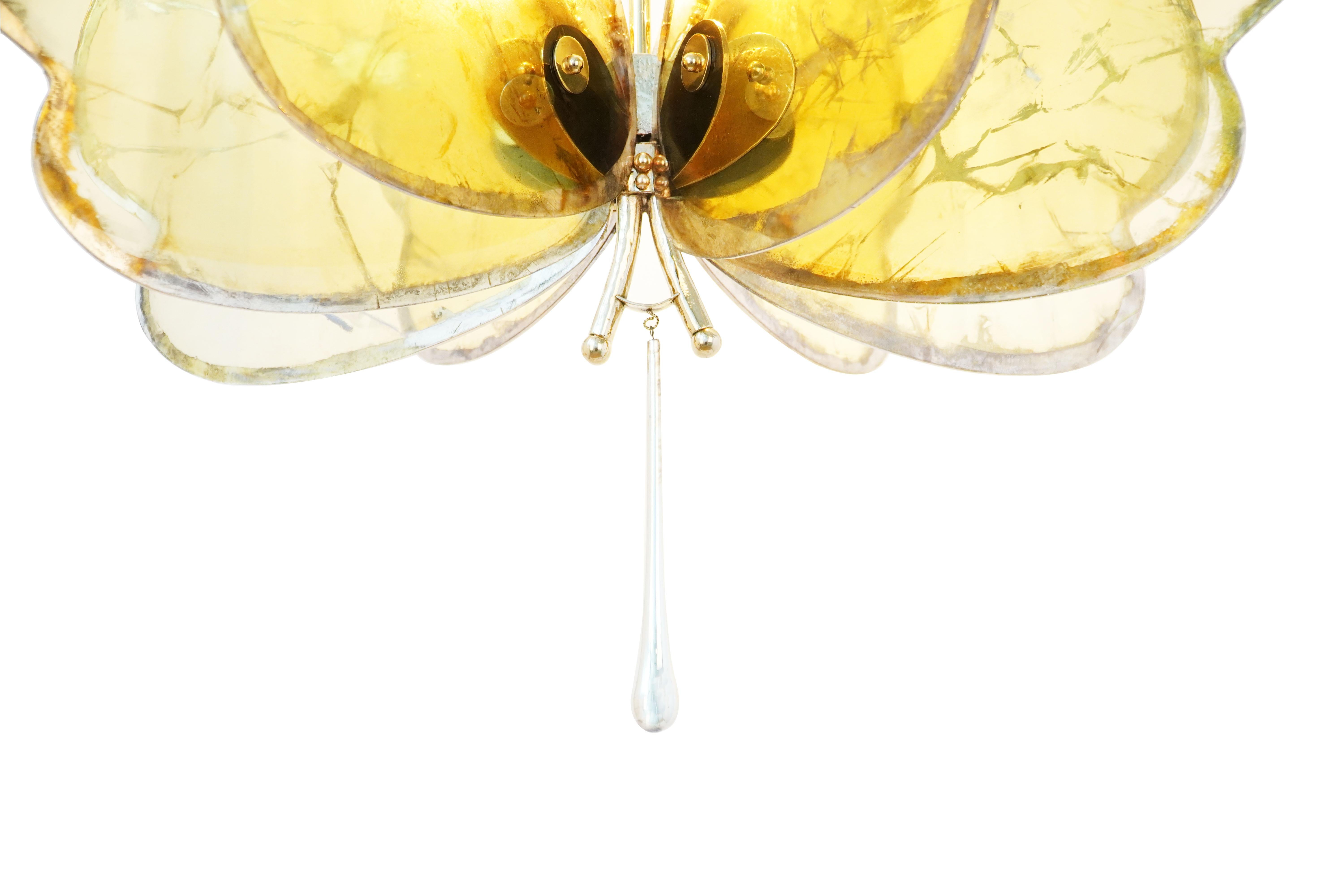 Butterfly 8 wings, Chandelier, art Silvered Glass Sun, melted Brass Body   For Sale 1