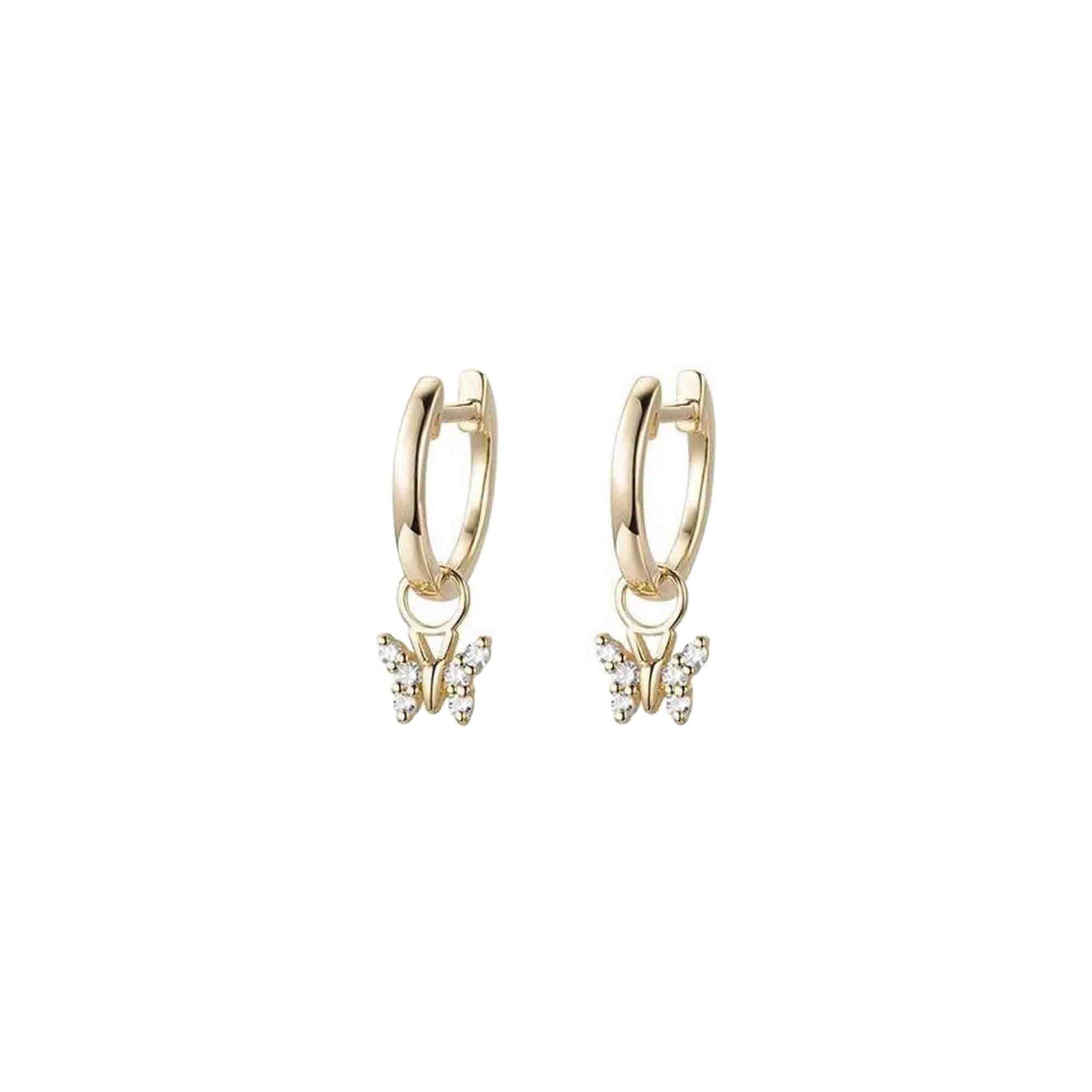 Butterfly Charm 14K Gold Diamond Hoop Earrings For Sale